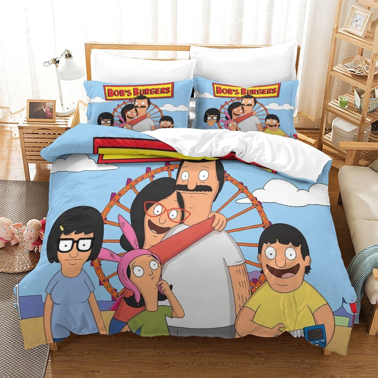 MJCZEGDCR Bobs Burgers 2 Pieces Duvet Cover,3D Printed Bedding Set,with Pillowcases,Hidden Zipper,Microfiber Quilt Cover for Boys Girls Double（200x200cm）