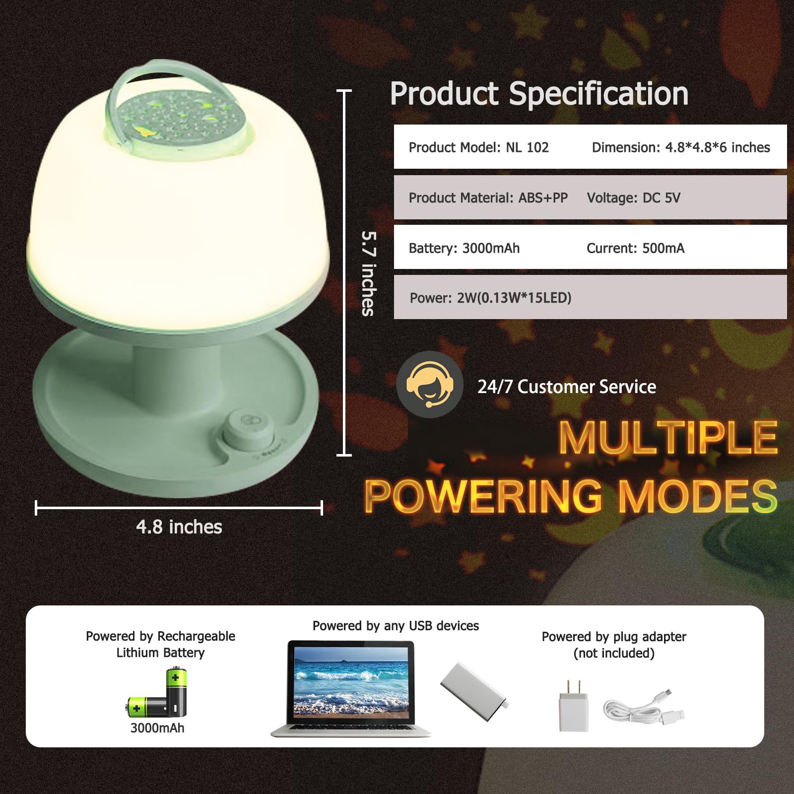 Veilleuse pour enfants avec projecteur d'étoiles, LICKLIP - Lampe de chevet LED sans fil à intensité variable avec minuteur, veilleuse pour chambre d'enfant - Lumière blanche chaude