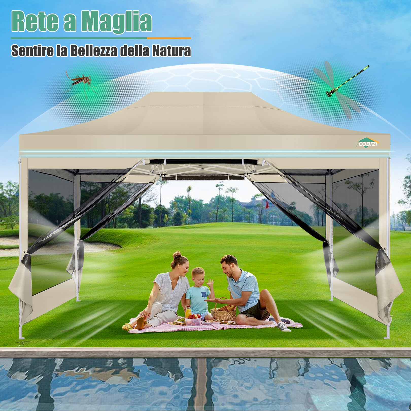COBIZI Gazebo pieghevole 3x4,5 m con zanzariere, impermeabile e stabile | Protezione UV, altezza regolabile su 3 livelli, tessuto Oxford 420D, borsa inclusa