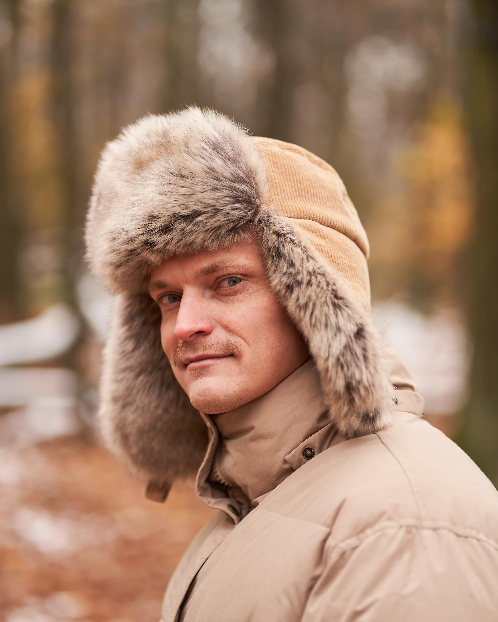 Futrzane Corduroy Trapper Hat - Mens Winter Hats with Ear Flaps - Russian Hat (L, Beige - Beige Siberian)