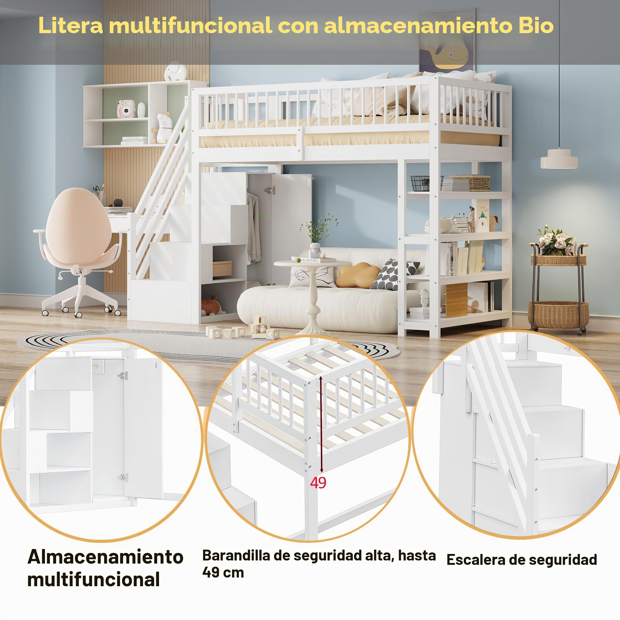 Cama alta de 90 x 200 cm, cama infantil, diseño de seguridad con armario, estantes y espacio de almacenamiento con escalera de seguridad, cama multifunción, cama de madera maciza (blanco)