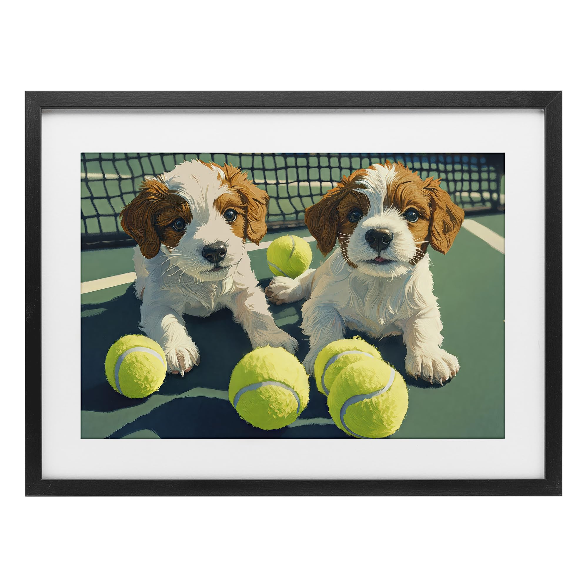 'Playful Puppies with Tennis Balls'| Framed Print Under Glass
