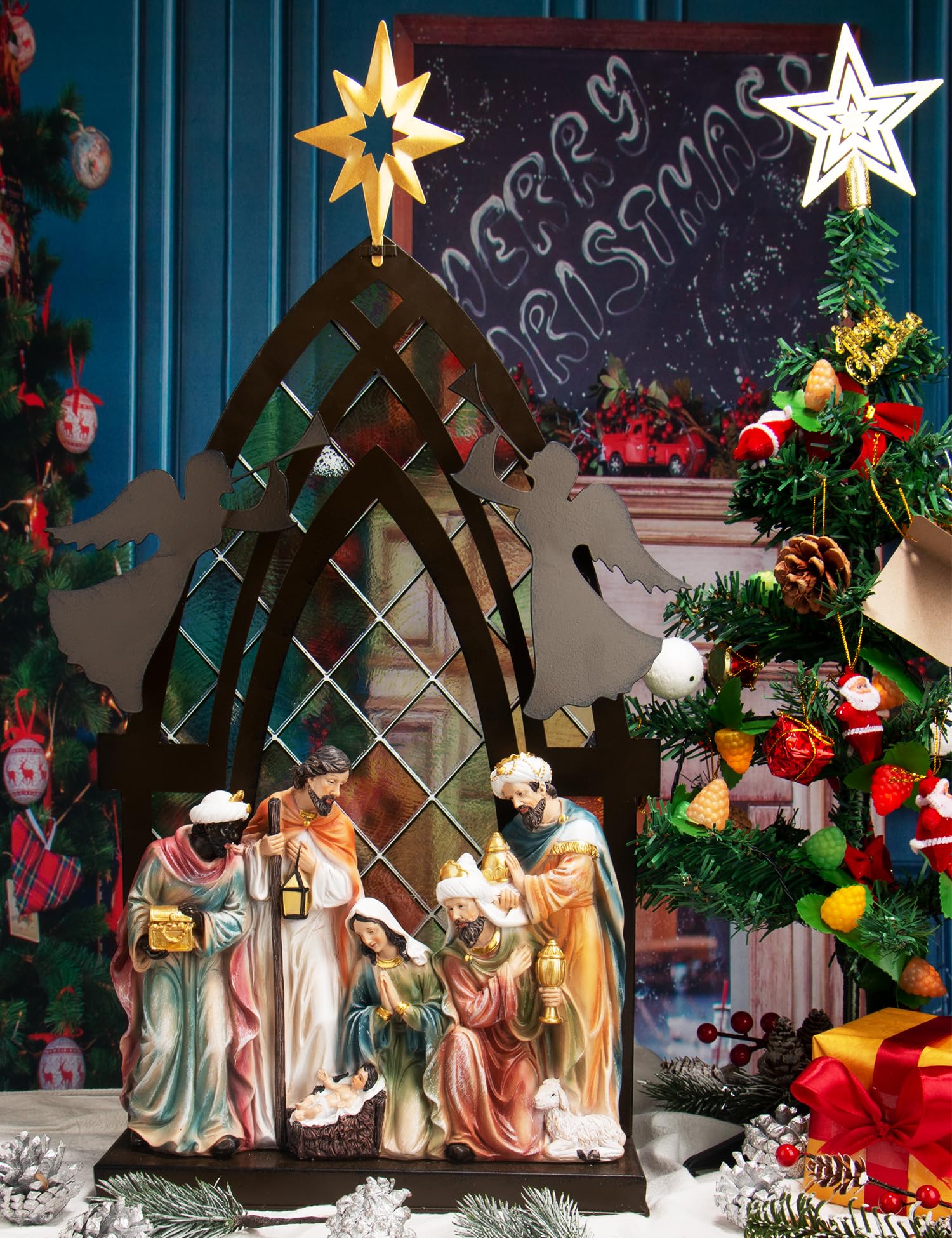 KEEPKAP 22" H Holy Family Figurine with Angels Nativity Sets for Christmas Indoor, Tabletop Catholic Statues Decoration, Stained Glass Background Decoration