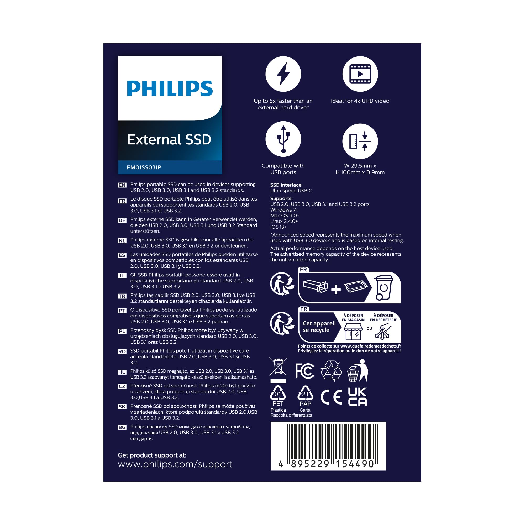 Philips Portable External SSD 1 To USB-C Ultra Speed SATA Aluminium