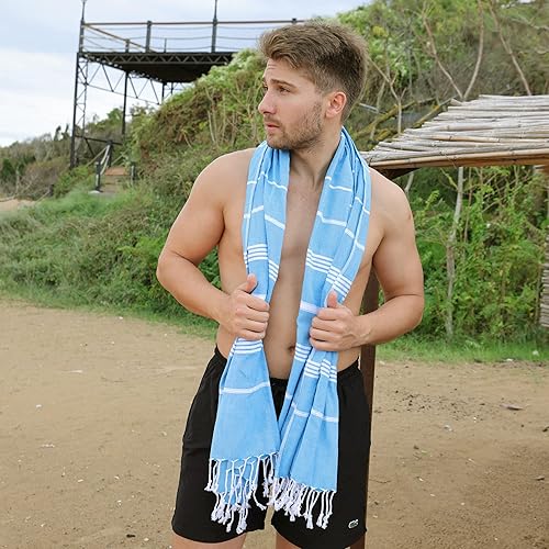 Miniatura 6 de Toalla de playa turca, 100% algodón, 38 x 71 pulgadas, de secado rápido, delgada, ligera, suave, libre de arena, toallas compactas para playa,
