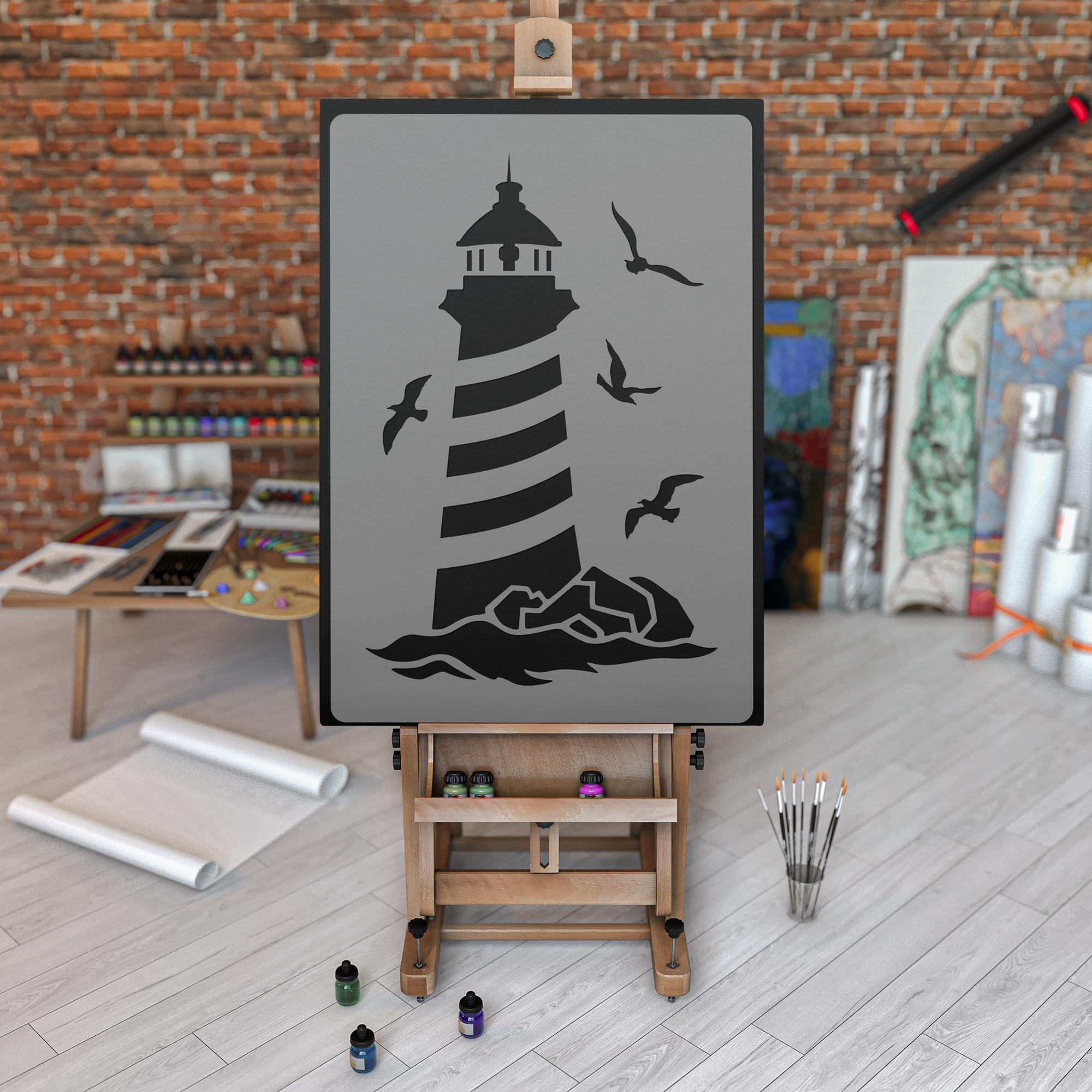 NAKLEO Stencil per Pittura 59x95cm, Faro Marina Mare Modello per Pareti Grandi Dimensioni, Plastica e Riutilizzabile Fai Da Te Artigianato Decorazioni Casa, Muro Legno Tessuto Mobili