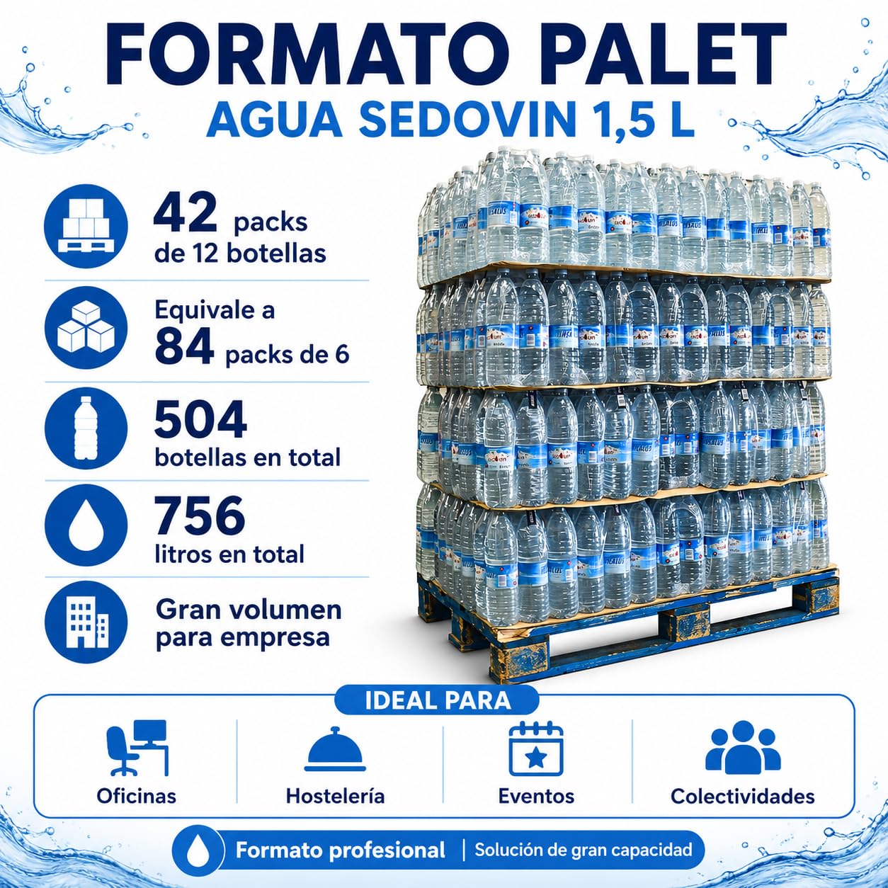Agua Mineral Sedovin Palet 84 pack de 6 botellas 1,5 Litro - 504 botellas - 756 litros - Hidratación Diaria en Formato Ahorro (Palet - 1.5 litros 84 packs)