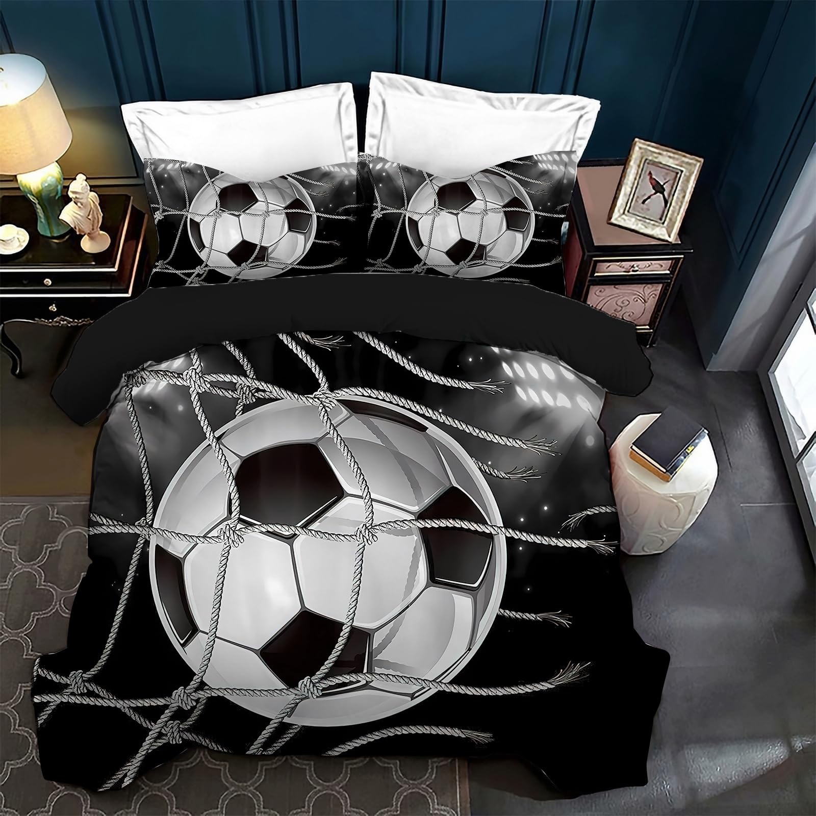 Juego de Cama de fútbol 220x240cm, Funda nórdica de Microfibra con Motivos de fútbol, con Cremallera y 2 Fundas de Almohada de 50x75 cm, para la decoración del Dormitorio (A, 220x240cm)
