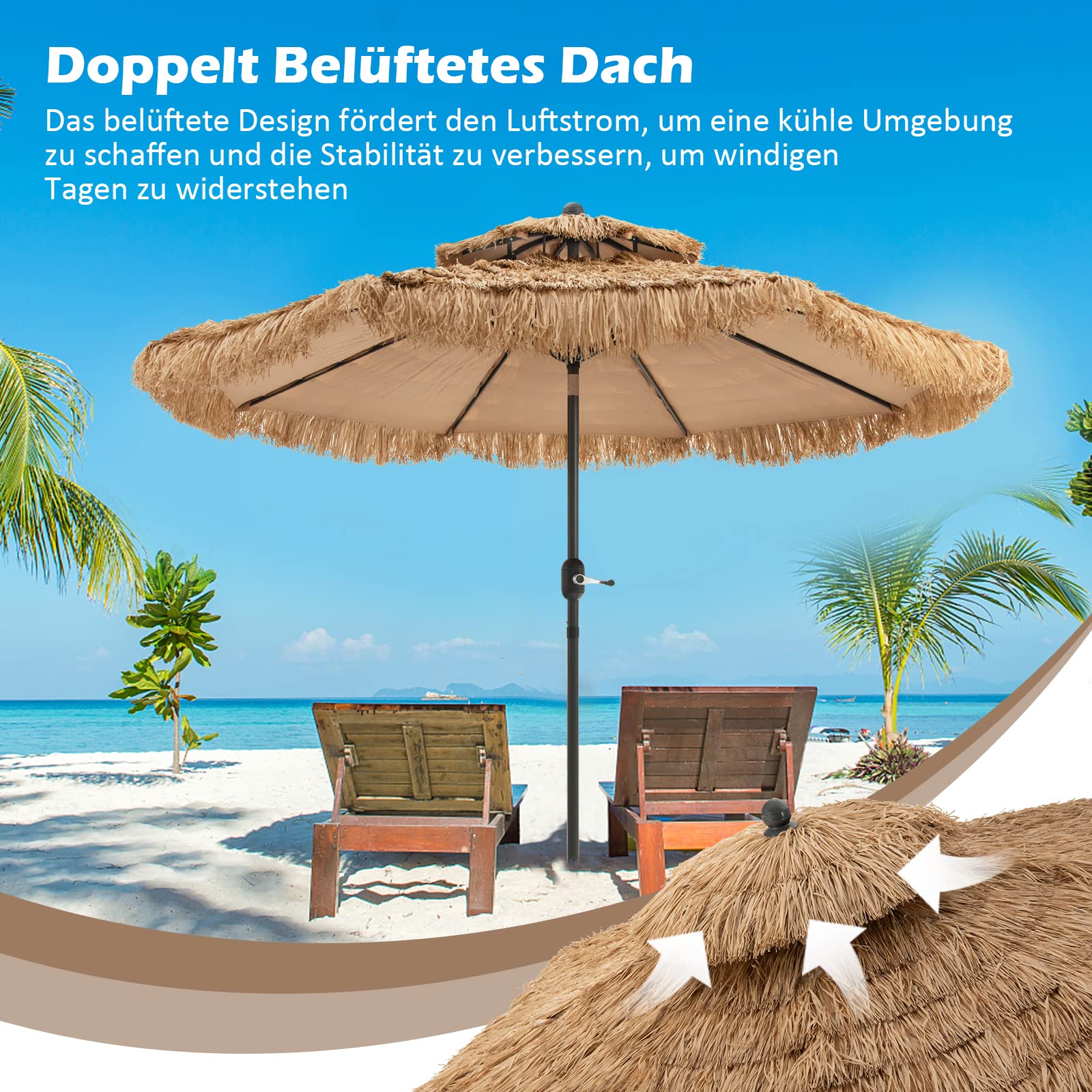 COSTWAY Sonnenschirm Hawaii 300 cm, Gartenschirm mit Kurbel, Strohschirm | Stroh Strandschirm, beidseitig um 30° knickbar, Marktschirm, Terrassenschirm für Garten, Balkon, Terrasse