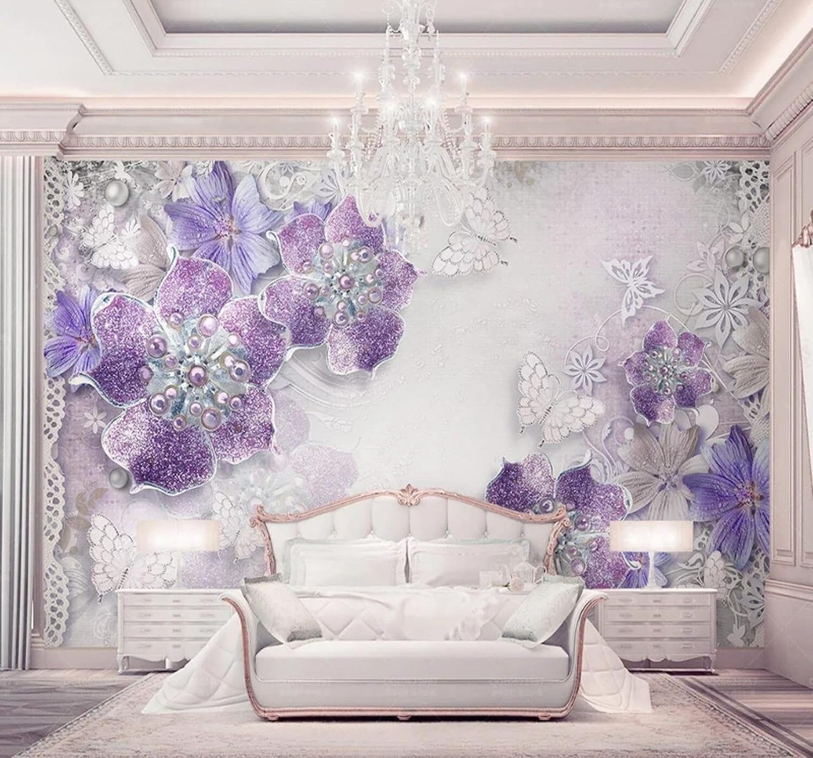 XLMING Beautiful Three Dimensional Purple Flowers Butterflies 3D Wallpaper Luxury Home Dining Decor Paste Sofa Living Room The Wall for Bedroom Mural-300cm×210cm