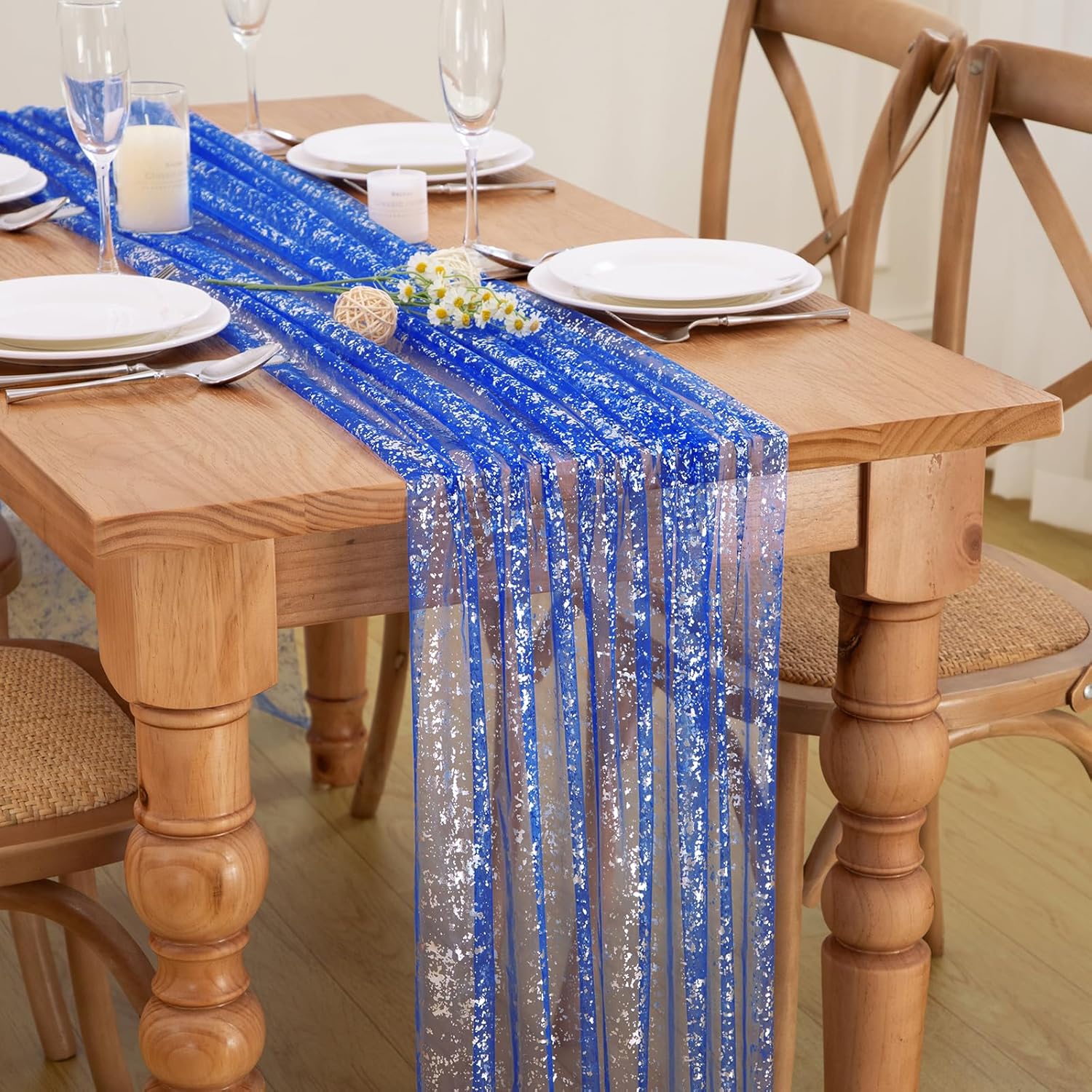 P Pothuiny 6 Pcs Royal Blue Silver Table Runner 28 x 120 Inch, Glitter Metallic Foil Tulle Table Runner Party Silvery Sheer Gauze Table Decor for Wedding Birthday Christmas Anniversary