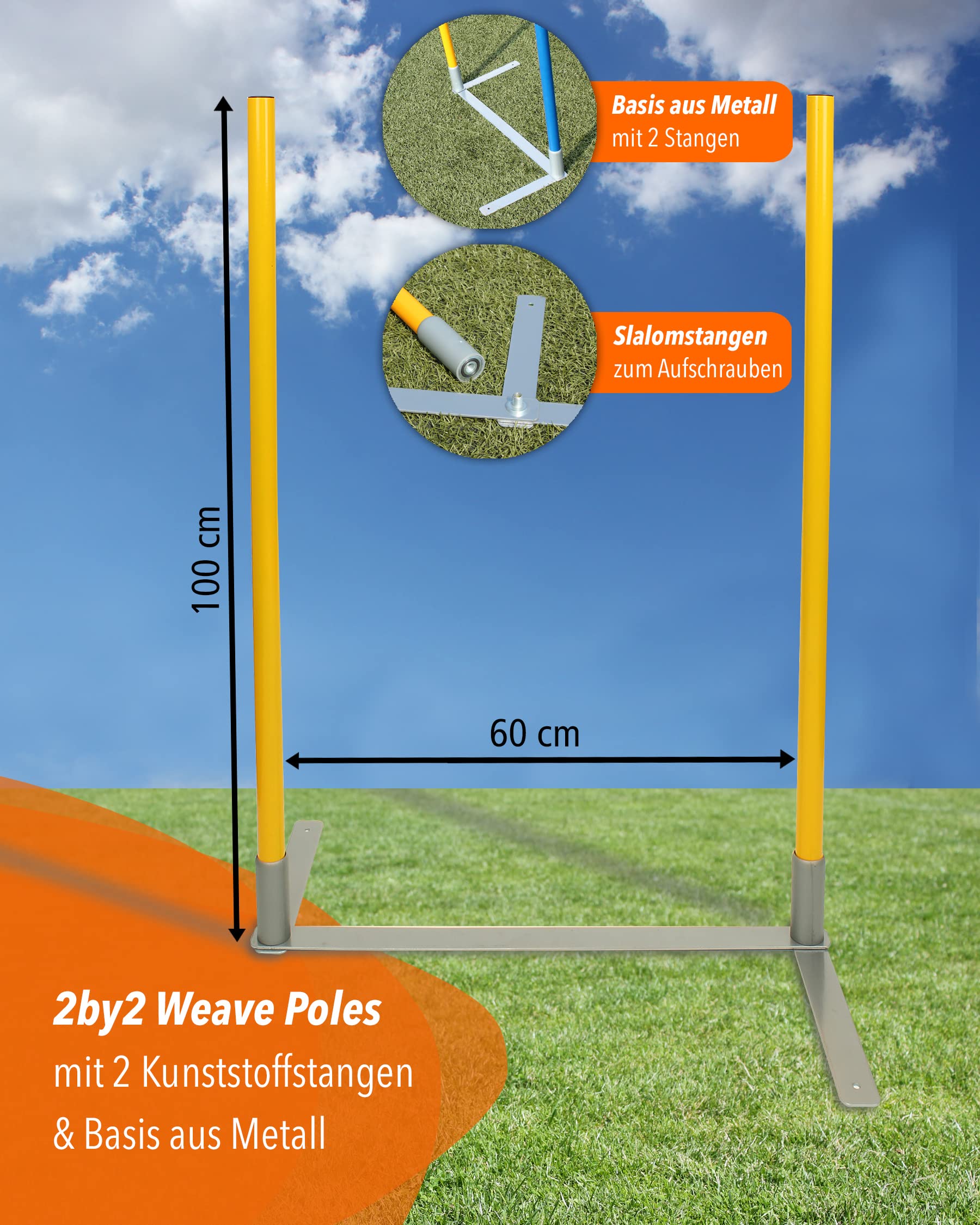 2by2 Weave Poles - Giallo - Set di 2 aste per slalom Agility con base in metallo - per allenamento e costruzione di parcours-espandibili e mobili