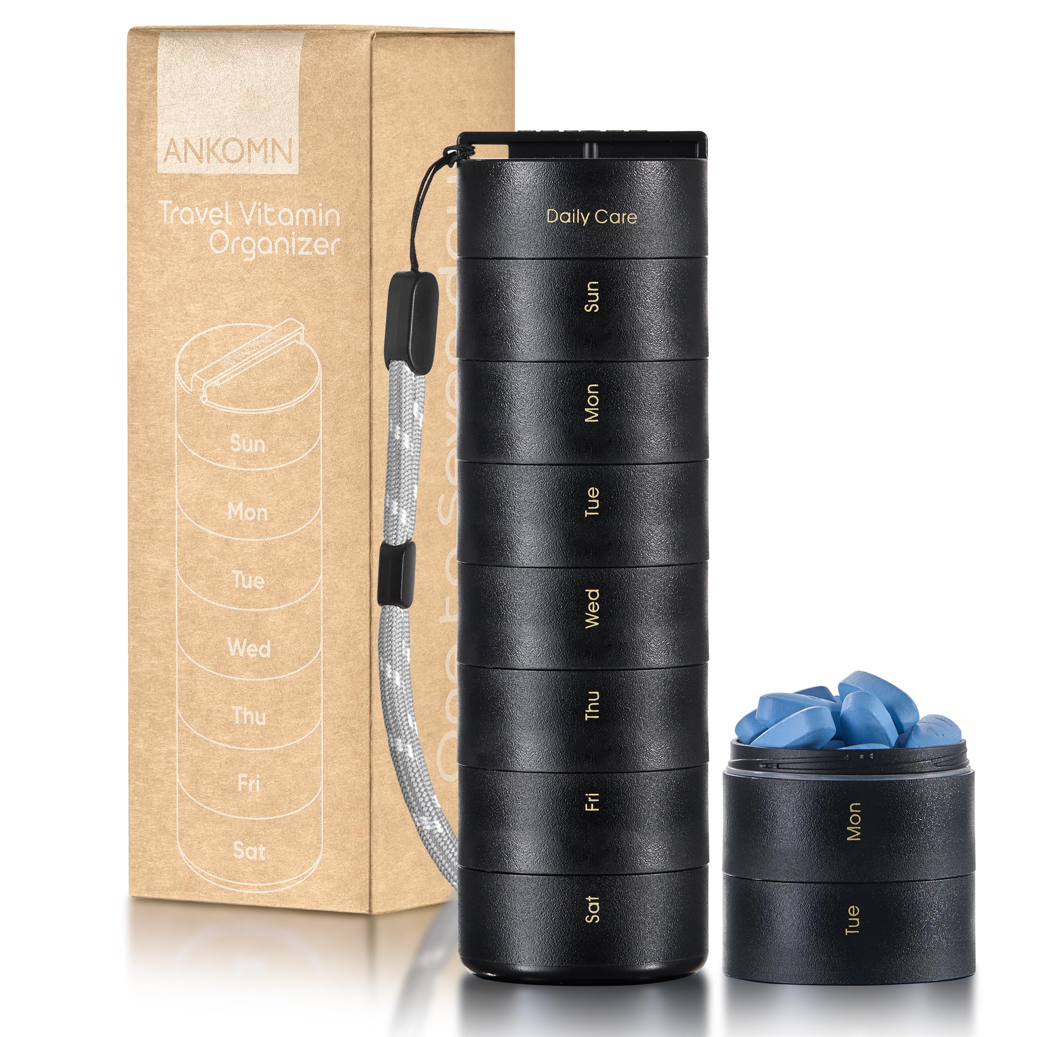 Ankomn - 7 Day Travel Pill Organizer. IPX7 Rating Waterproof, Airtight & Portable Pill Case for Vitamins. Durable Weekly Supplement Case with