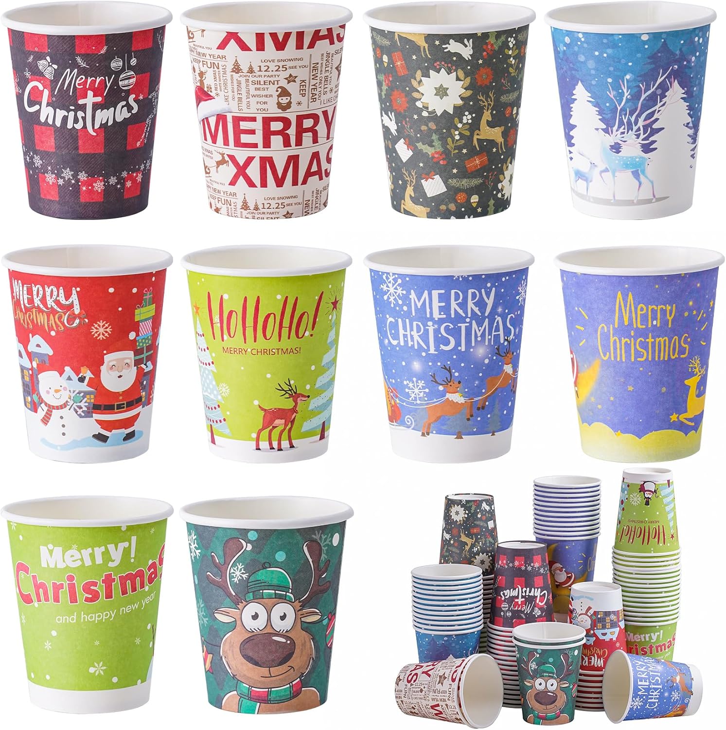 120 Pcs Christmas Disposable Paper Cups 9oz Coffee Cup Tea Cup with 10 Holiday