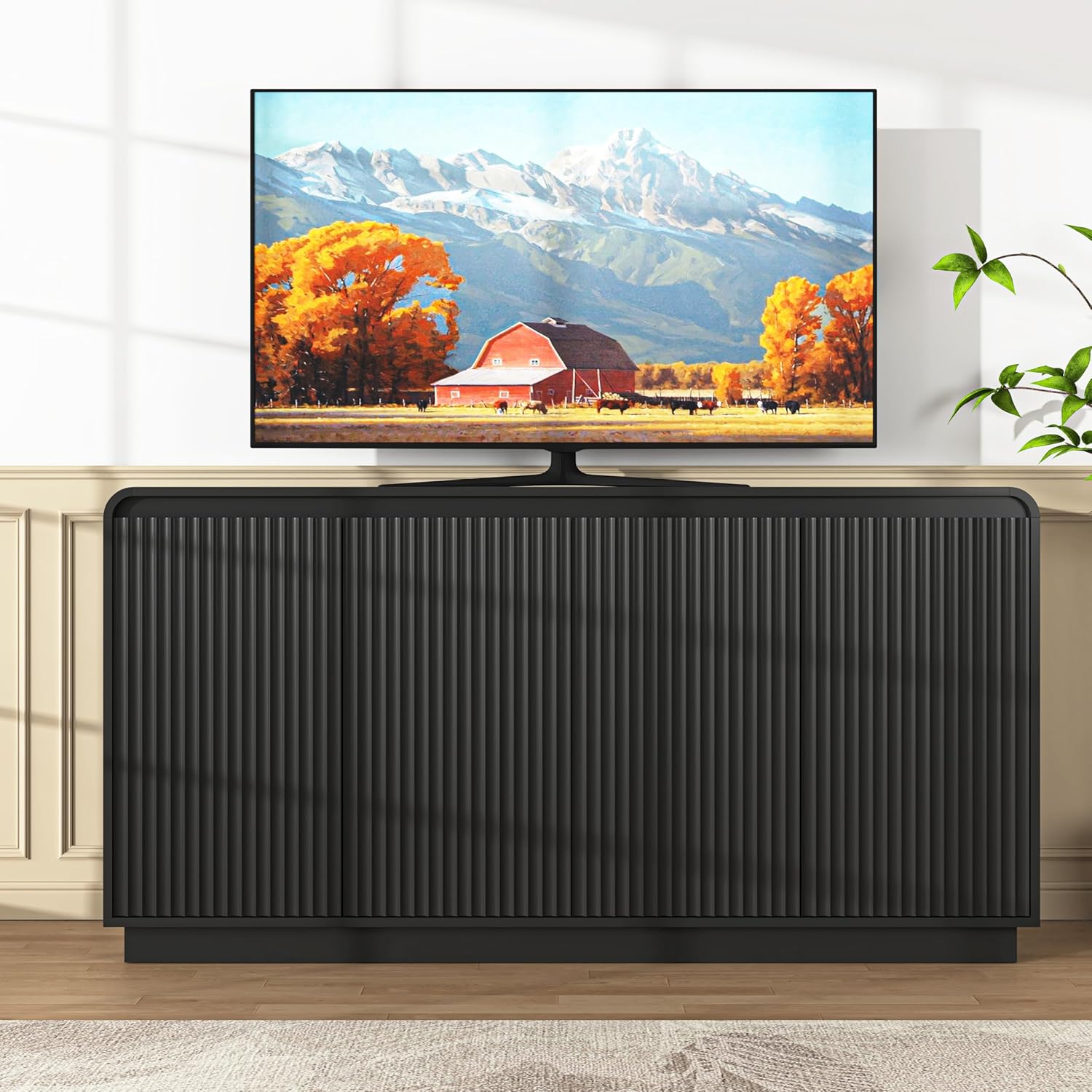Fluted Sideboard Buffet Cabinet with Storage,59" Modern Credenza Wood Accent Cabinet Media Console Cabinet for Living Room Entryway(Black)