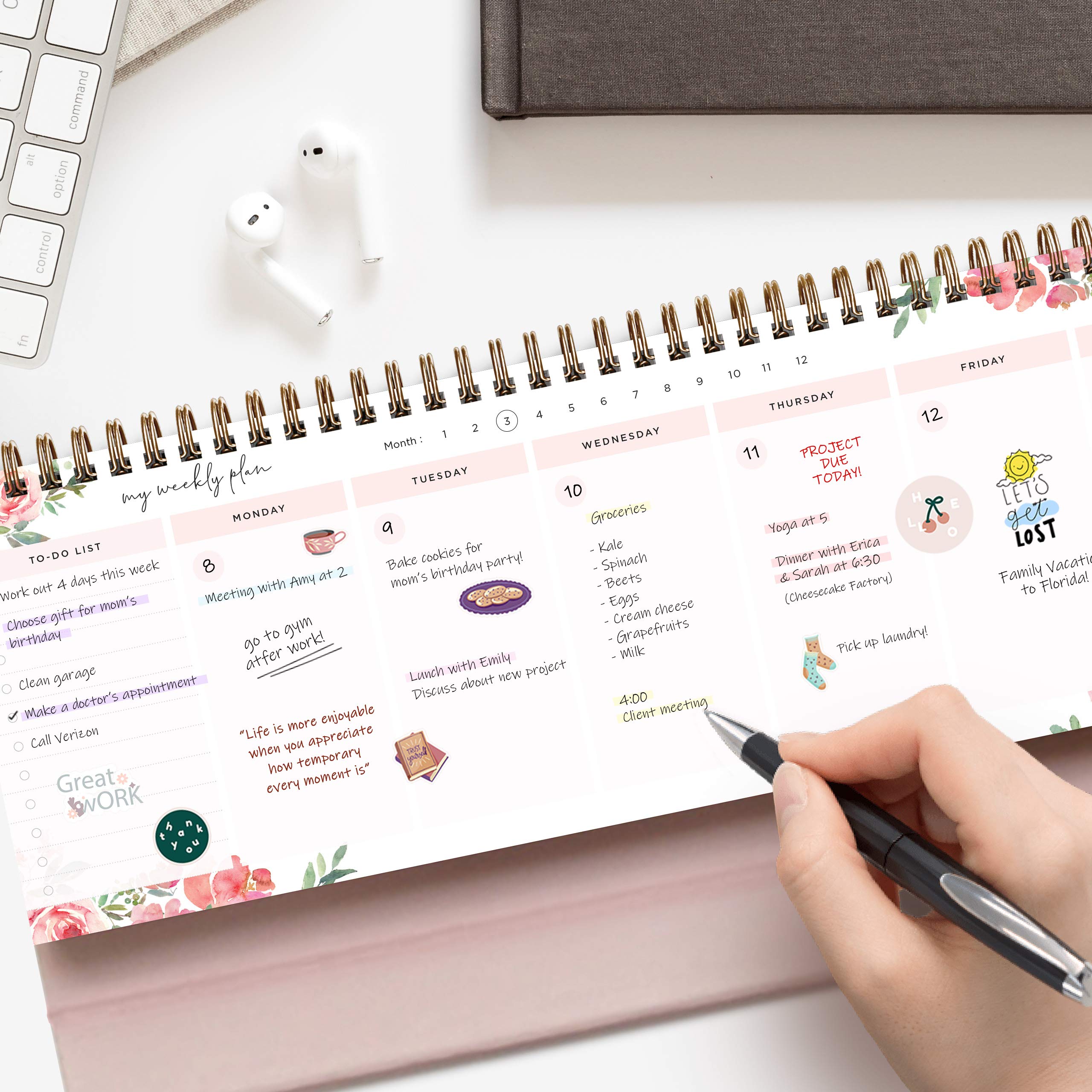 Belle Fleur Non-Dated Spiral Weekly Desk Calendar Planner, 60 Week Inspirational to Do List Pad Desktop Stand, 3.75" x 10.5", La Lune Collection by Bright Day - Image 2