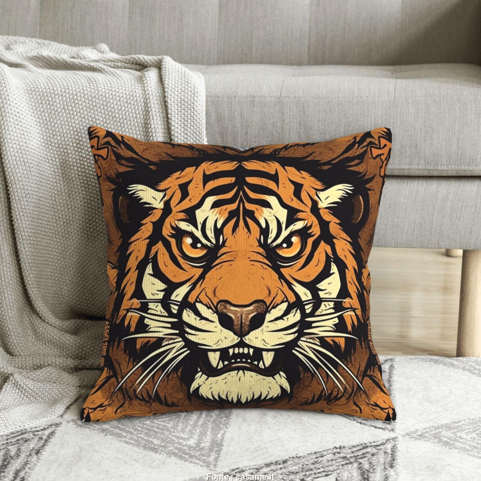 Housse coussin velours côtelé tigre 50x50 cm pour canapé usé