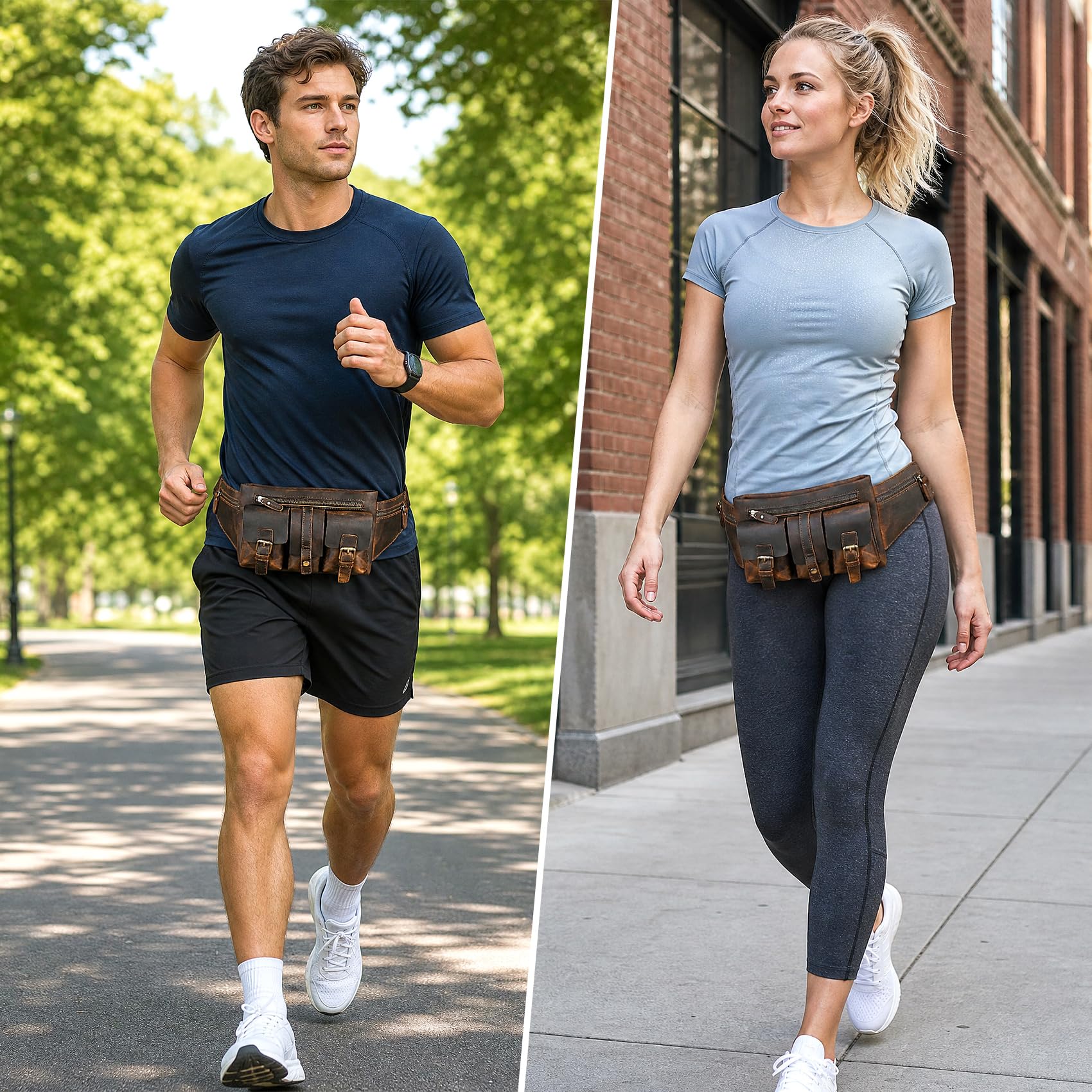 Épais Crazy Horse en Cuir Randonnée Équitation Voyage en Plein Air Ceinture Fanny Taille Pack Petit Téléphone Cigarette Poche pour Hommes Femmes 380 (381 Marron)