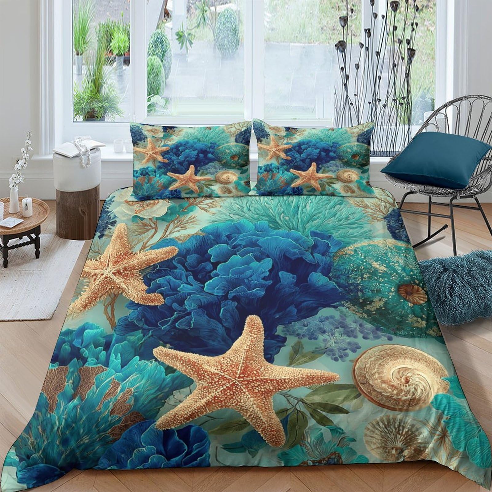 GPLZQXKJNH 3D Printed Ocean Starfish Duvet Cover Microfiber Soft Breathable Seashell Bedding Set with 2 Pillowcases for Bedroom Decor Single（135x200cm）