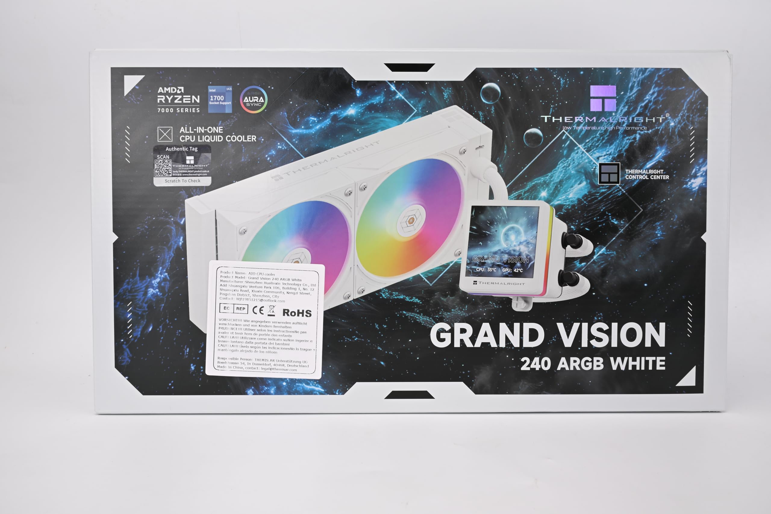 TR Grand Vision 240 ARGB Enfriador líquido para procesador todo en uno blanco, pantalla LCD IPS con resolución 480 x 480, para AM4/AM5/LGA1851/1700, pantalla LCD de 3,4 pulgadas absorbente imanes para