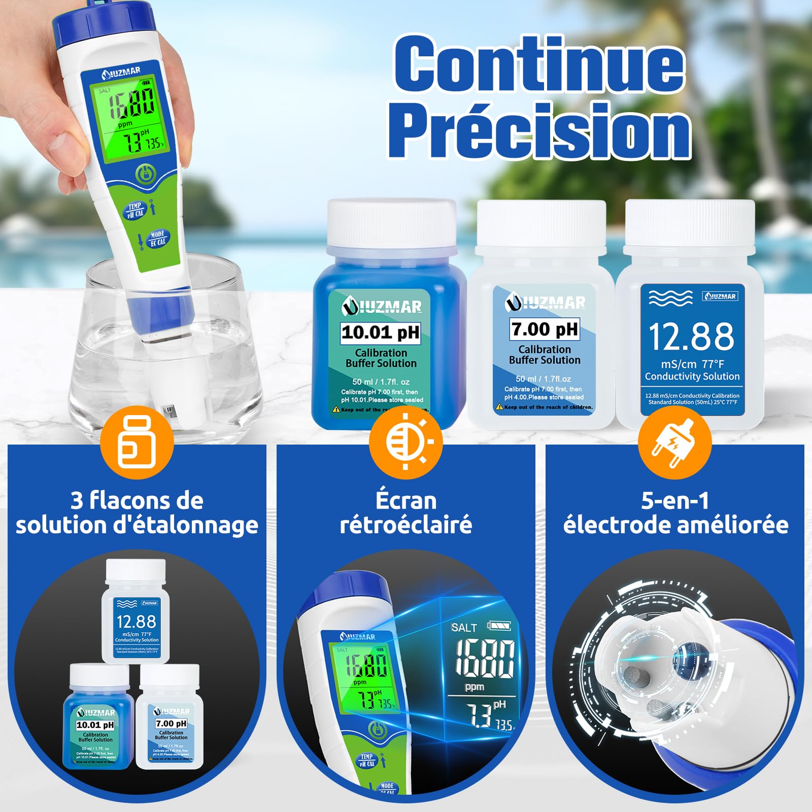 UIUZMAR pH Mètre Numérique Analyseur de Salinité Testeur Sel et pH Testeur pH Piscine Electronique 5 en 1 pH Salinité TDS EC Température Mètre pour Piscine au Sel Spa Aquarium Hydroponiques