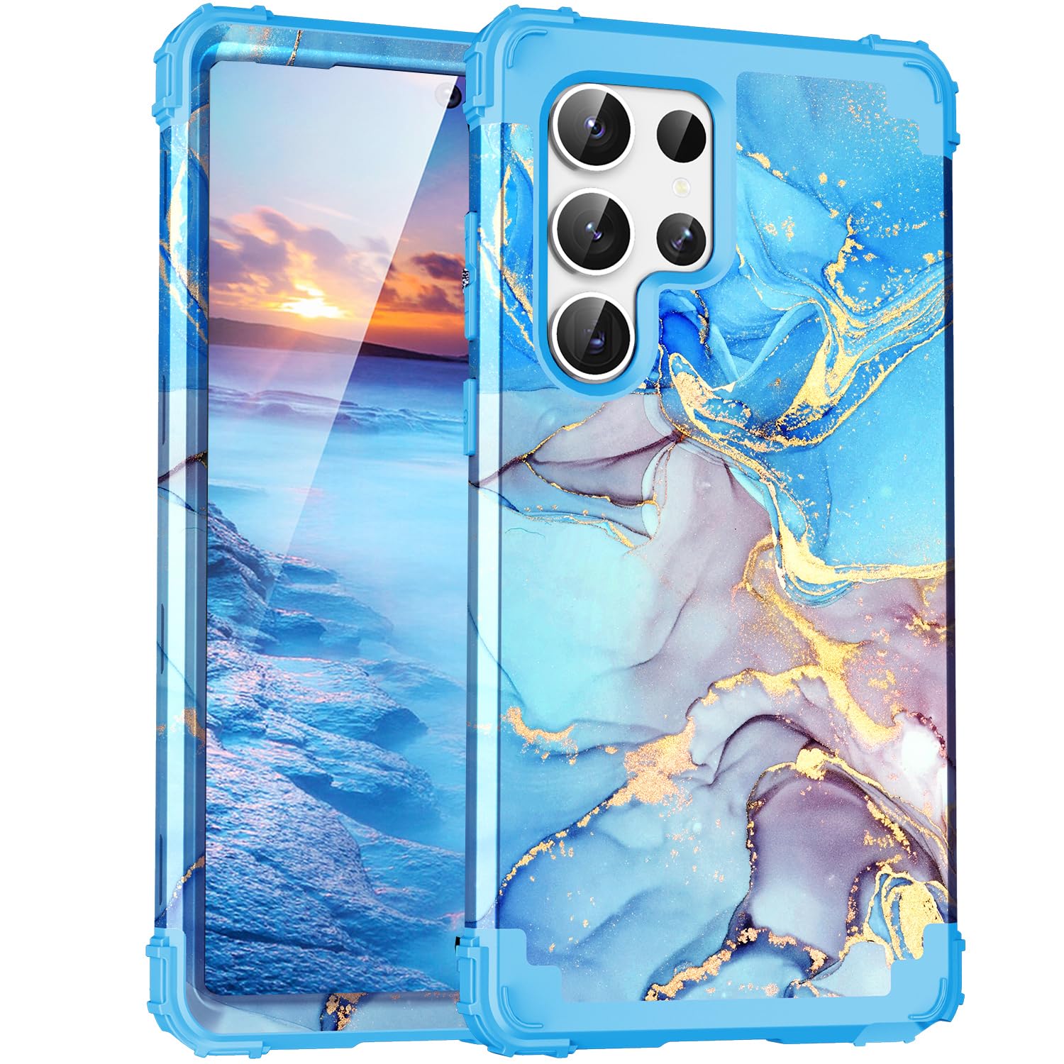 for Galaxy S23 Ultra Case,Marble Design Three Layer Heavy Duty Shockproof Hybrid Hard Plastic Bumper Soft Silicone Rubber Drop Protective Cover Case for Galaxy S23 Ultra 6.8",Blue