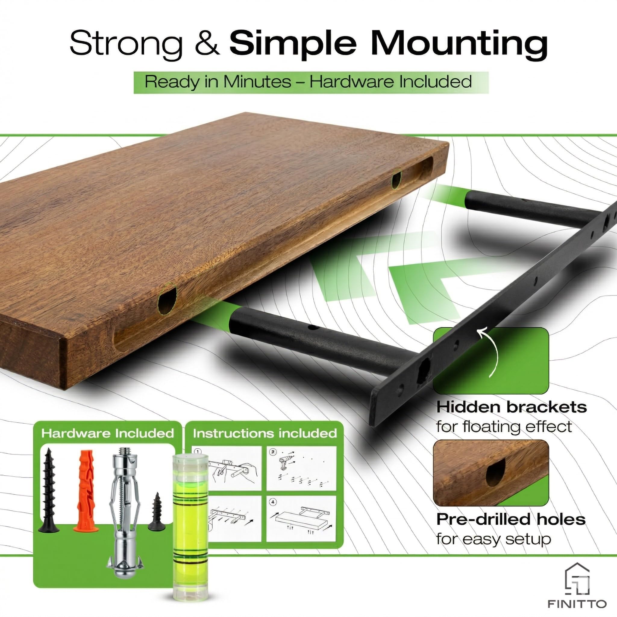 'Filo' | Estanteria Flotante de Madera de Acacia Maciza (Set de 2) | Balda de Pared Premium para Salón o Dormitorio | Estantes Decorativos con Montaje Oculto
