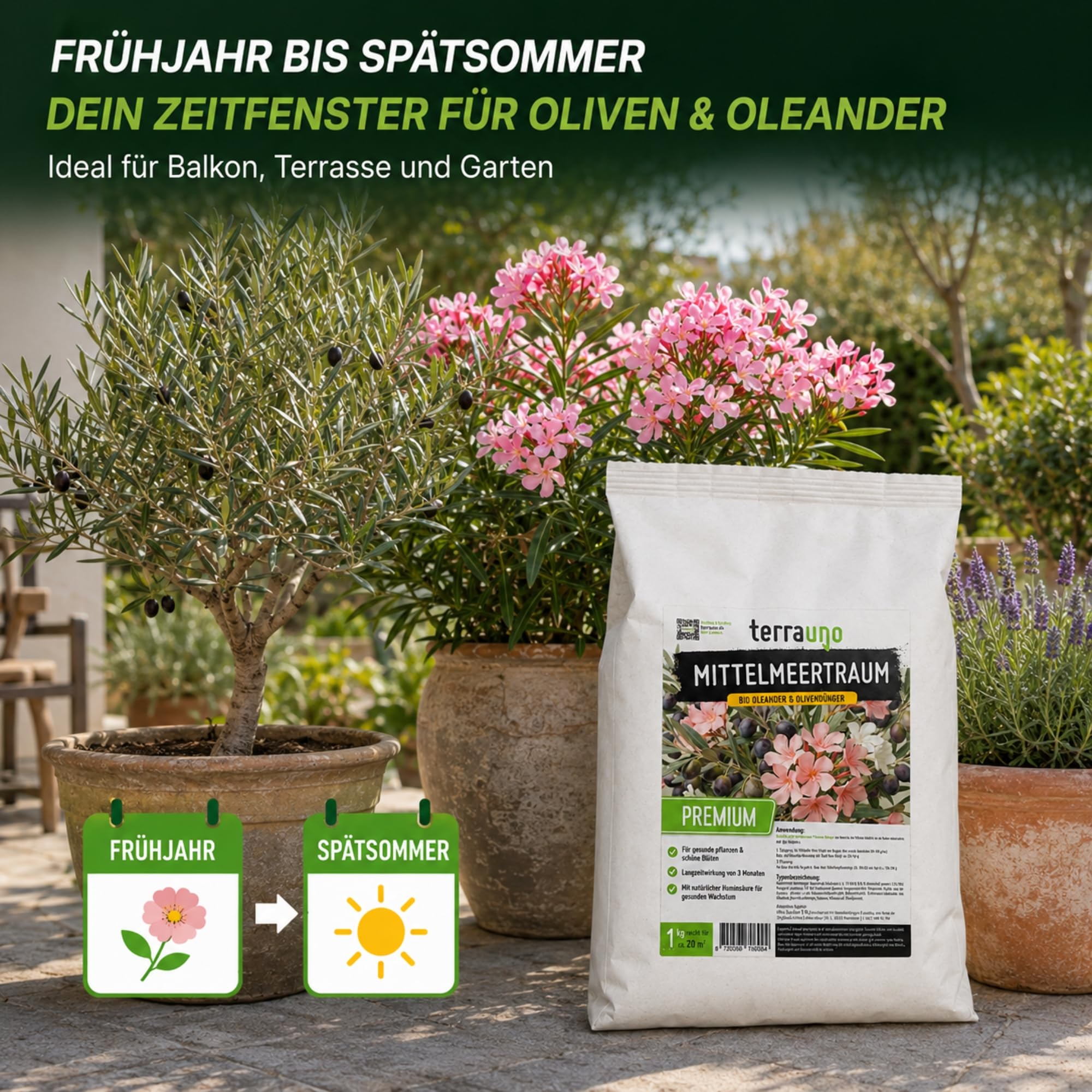 TerraUno Mittelmeertraum Olivenbaum & Oleander Dünger Bio 1 kg, für mediterrane Pflanzen, Zitrus & Palmen, Langzeitdünger mit Huminsäure, Organischer Volldünger Granulat