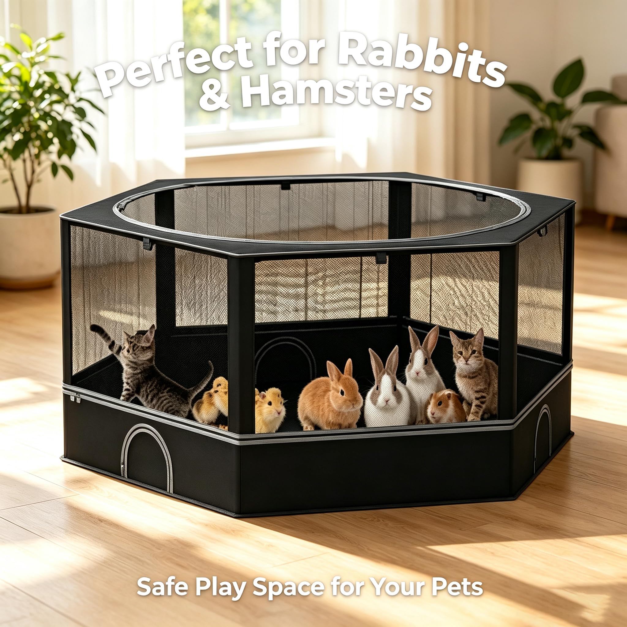 Freilaufgehege für Kaninchen & Hamster mit Abdeckung, 162x82x58cm, Kleintiergehege mit Vier Türen & offenes Dach, Belüftungsfenster, Kleintiergehege Außenfür Kaninchen, Kätzchen, Welpen und Hamster