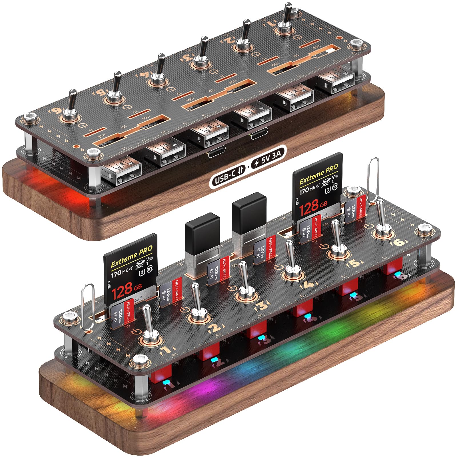 AODUKE Cyberpunk Voice Control 6-Port USB2.0 Hub,USB Independent Switch Splitter USB Expander,USB Drive Case/SD/TF Card Storage Box,Desktop Controller,RGB Lighting USB Docking Station-06RY-A