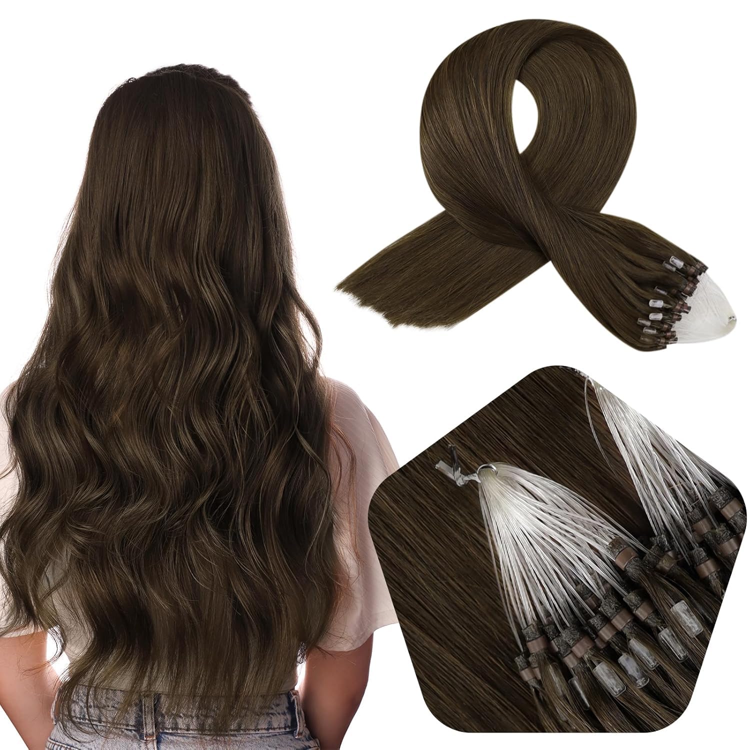 Full Shine Micro Link Human Hair Extensions 16 Inch Seamless Micro Loop Hair Extensions Color 2 Dark Brown 50G/50S Easy Installation Add Volume
