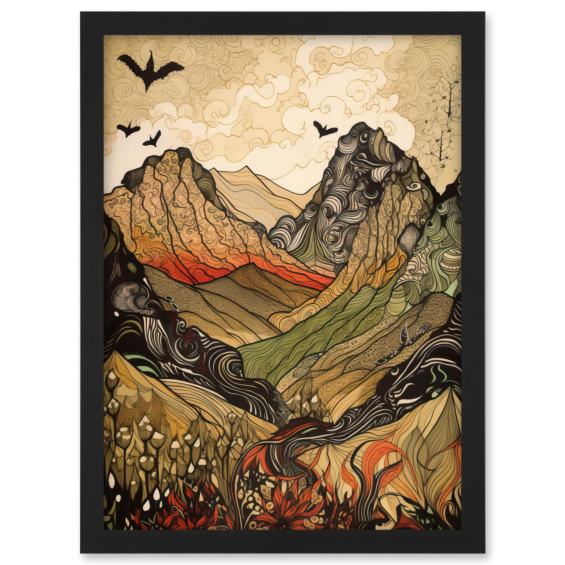 Artery8 Mountain Landscape Multicoloured Pattern Linocut Artwork Framed A3 Wall Art Print