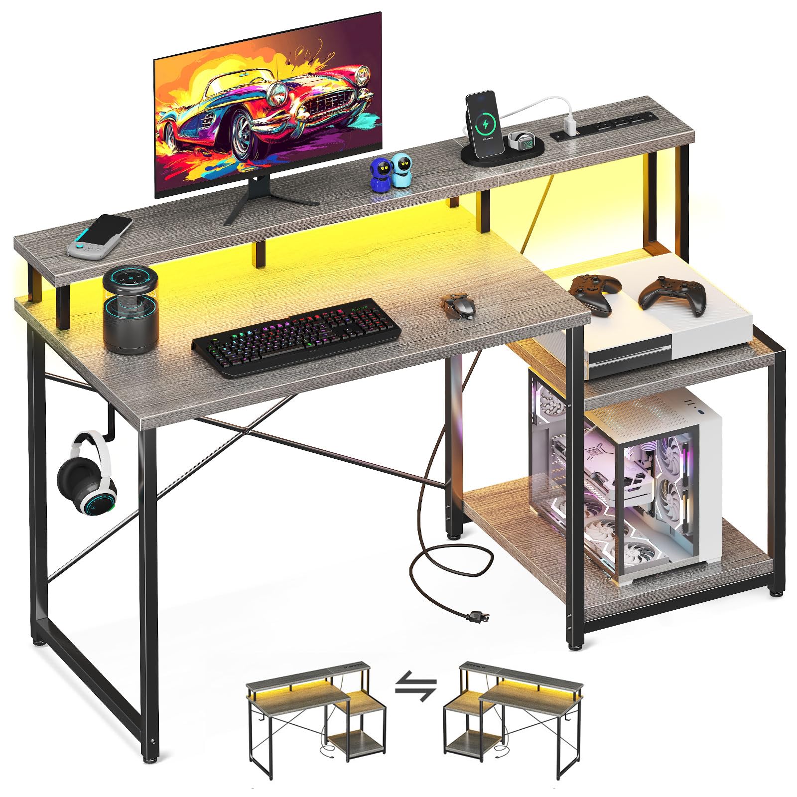 AODK Computer Desk, 48 Inch Gaming Desk with Led Lights & Power Outlet, Office Desk with Printer Storage Shelves, Reversible Desk with Monitor Shelf & Headphone Hook, Grey Oak