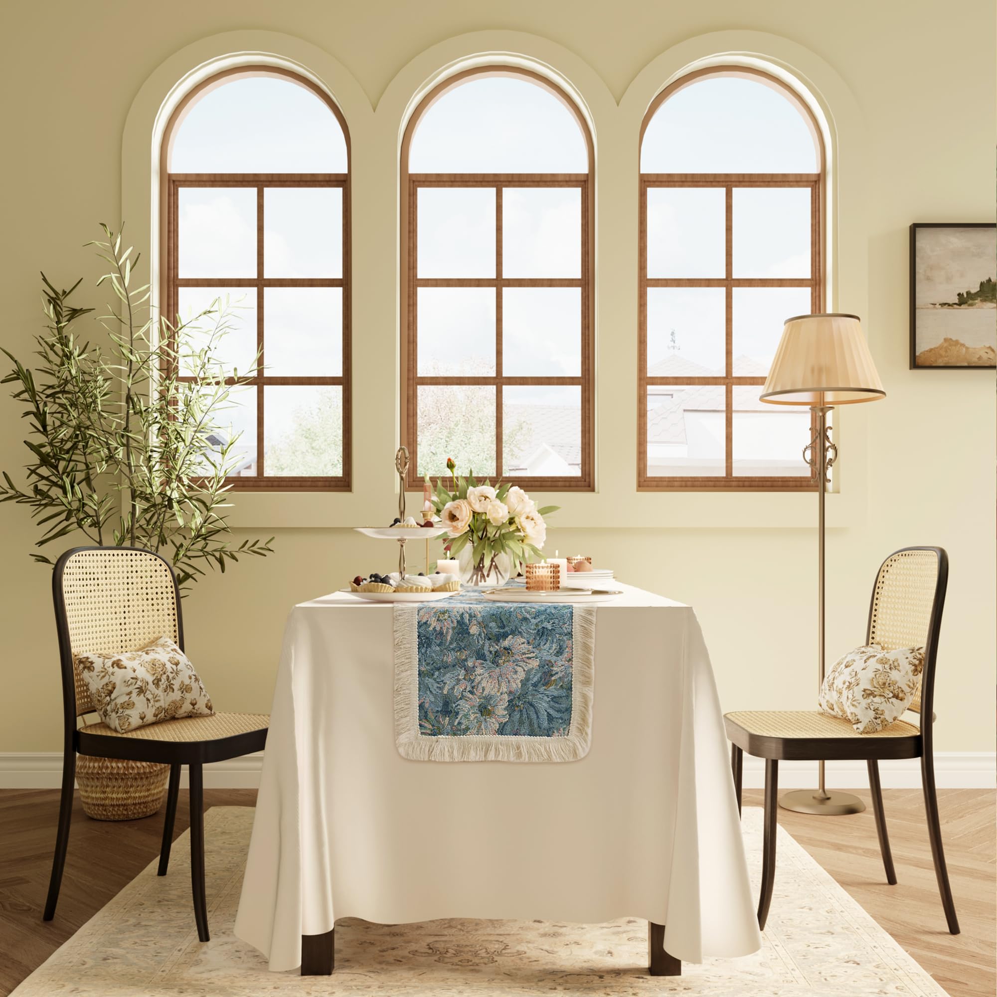 AUINBATA Table Runner Boho Runner for Table Spring Rustic Four Sides White Fringes Farmhouse Foral Table Cloth Cabinet Dining Decoration?12