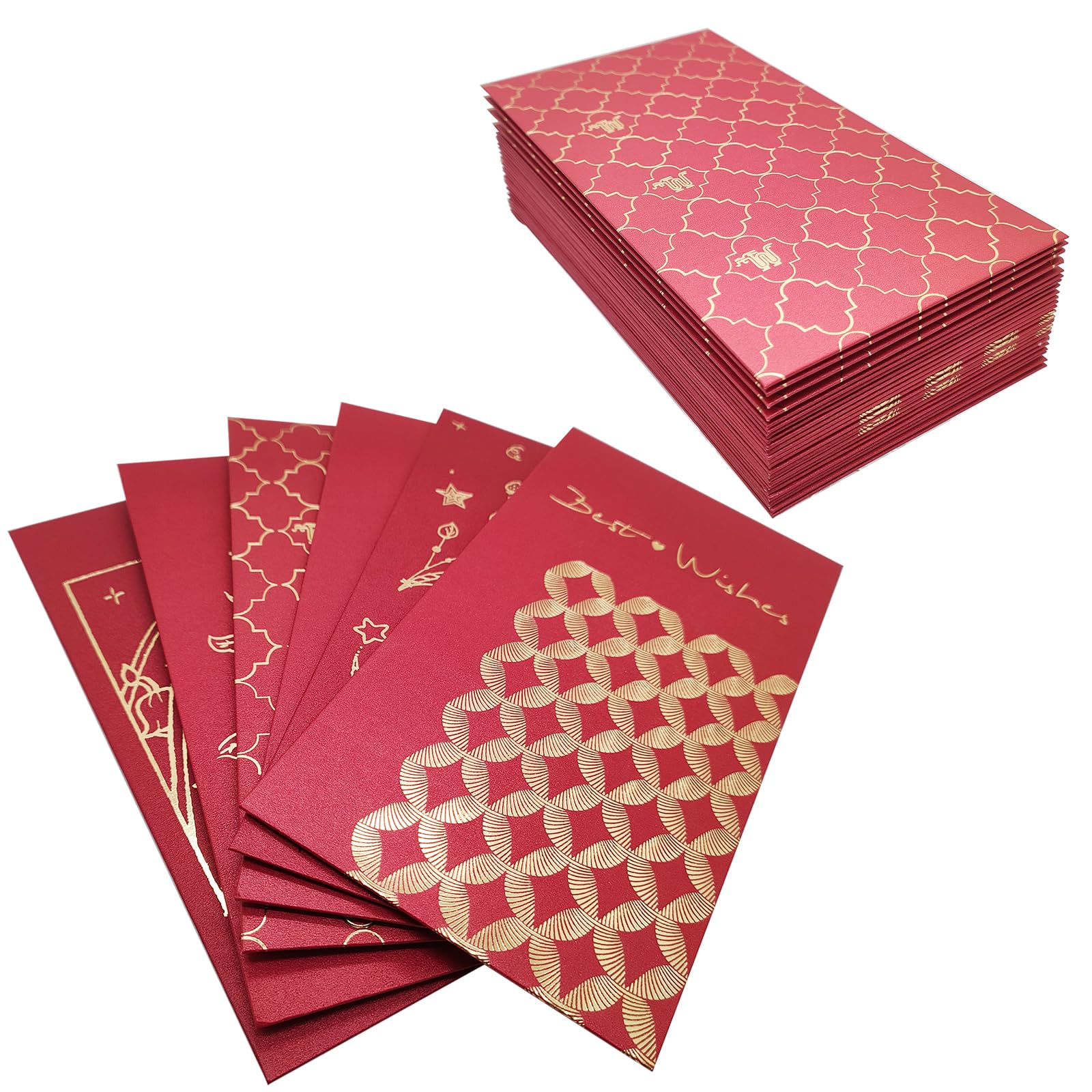 Lot de 24 enveloppes rouges pour argent liquide, Hong Bao, pour le Nouvel An chinois, le printemps, le festival, un anniversaire, un mariage, 6 motifs (24 enveloppes porte-bonheur)