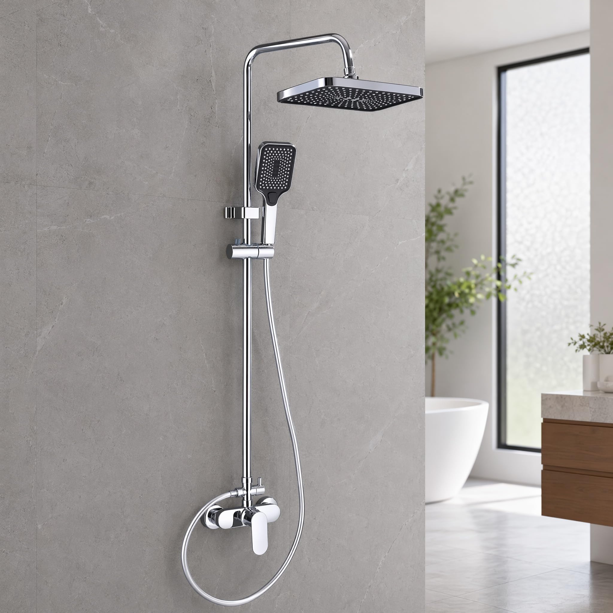 Duschsystem ohne Thermostat mit Armatur, Aufputz Duschset höhenverstellbar 85–120 cm, große Regendusche 30 × 19 cm, Handbrause mit 3 Strahlarten, Chrom Duscharmatur Komplettset