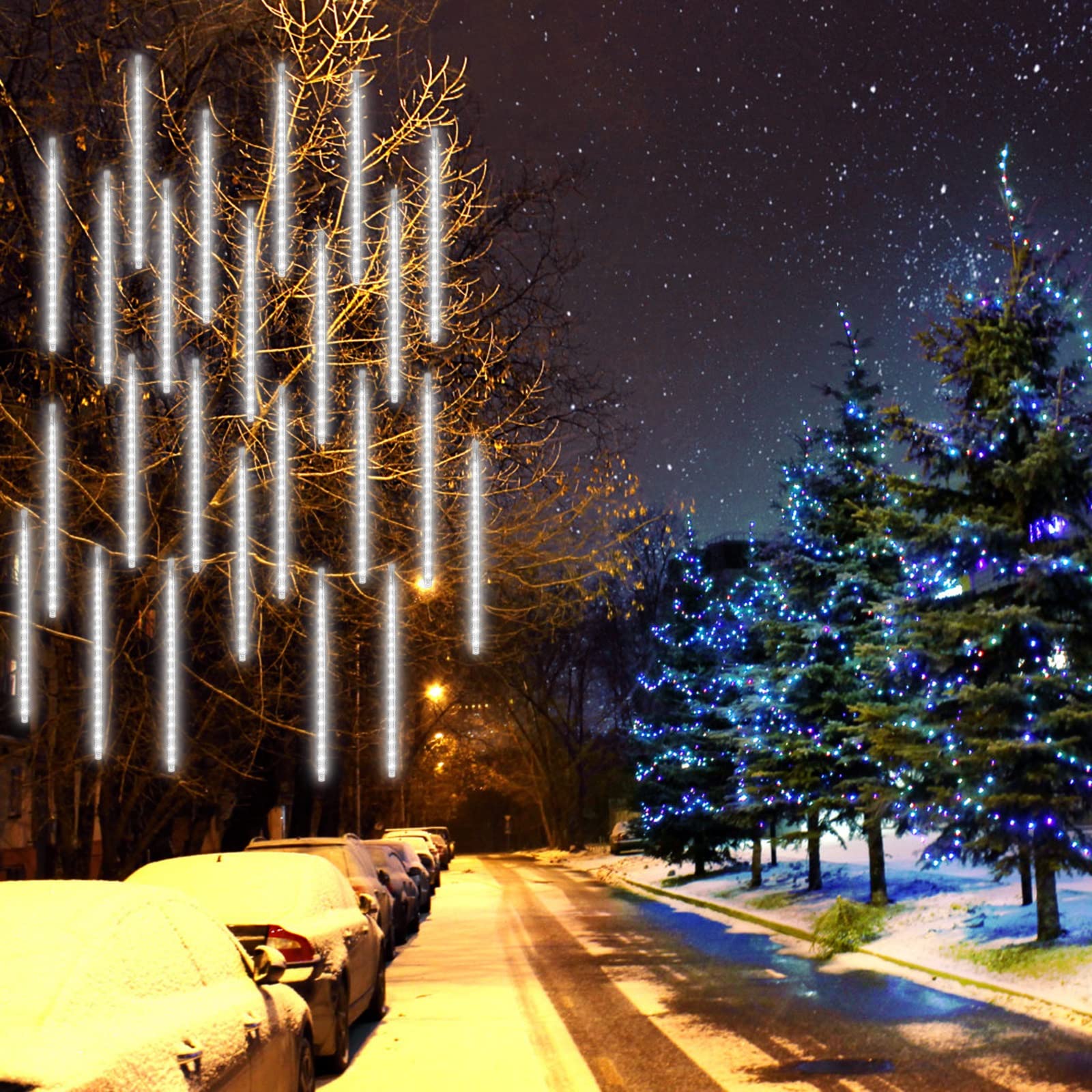 Guirnalda de luces LED de 80 cm, 10 tubos, 720 luces LED en cascada para decoración de árbol de Navidad para boda, jardín, decoración del hogar, color blanco
