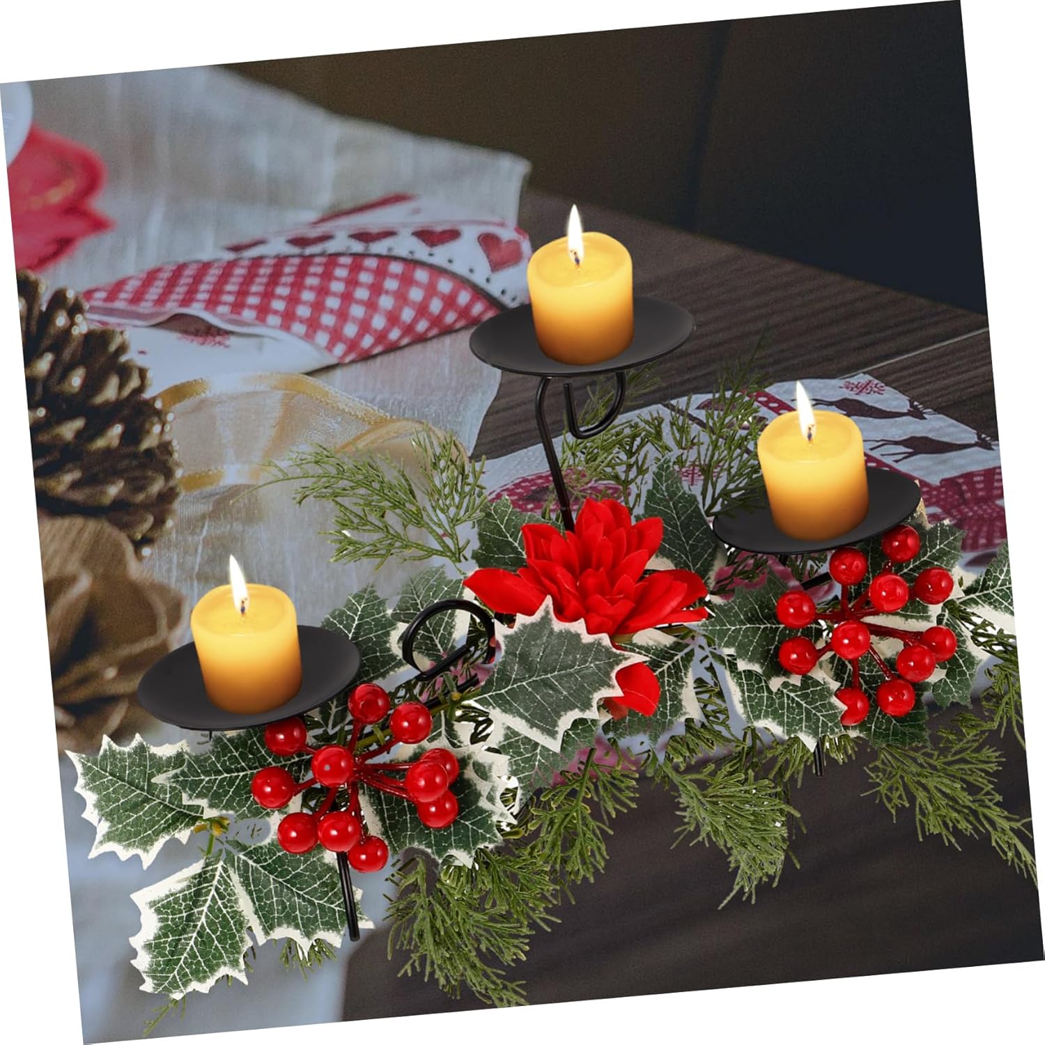 Homoyoyo Candle Stand for Home Decoration Iron Christmas Candle Holder with Poinsettia Vintage Style for Table Centerpiece