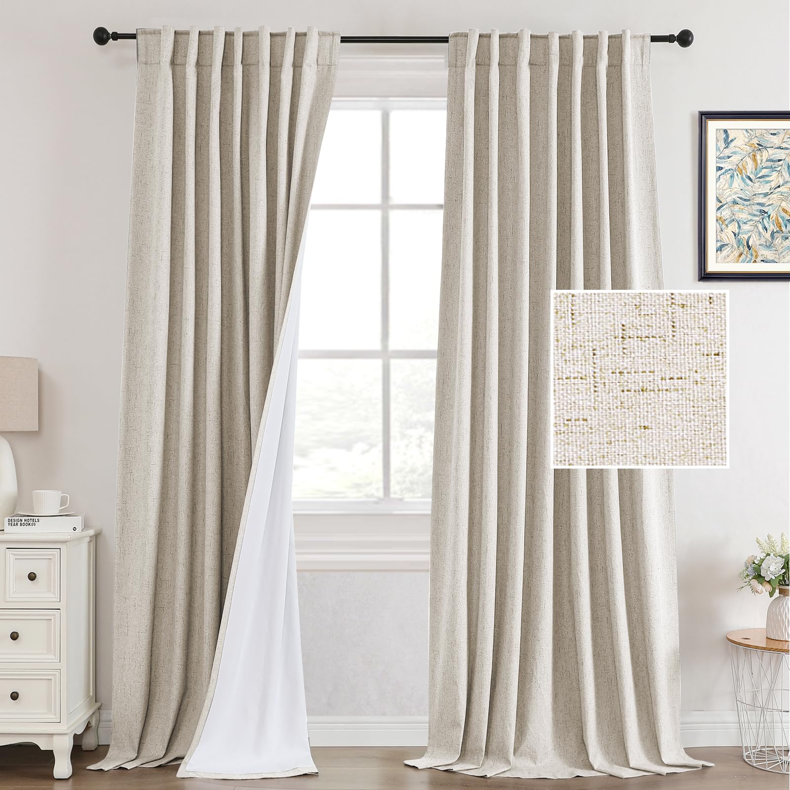 PrinceDeco Natural 100% Blackout Linen Curtains for Living Room 84 inches Length 2 Panels Set, Thermal Bedroom Curtains Back Tab and Rod Pocket Black Out Curtains with White Liner, W52 x L84, Natural