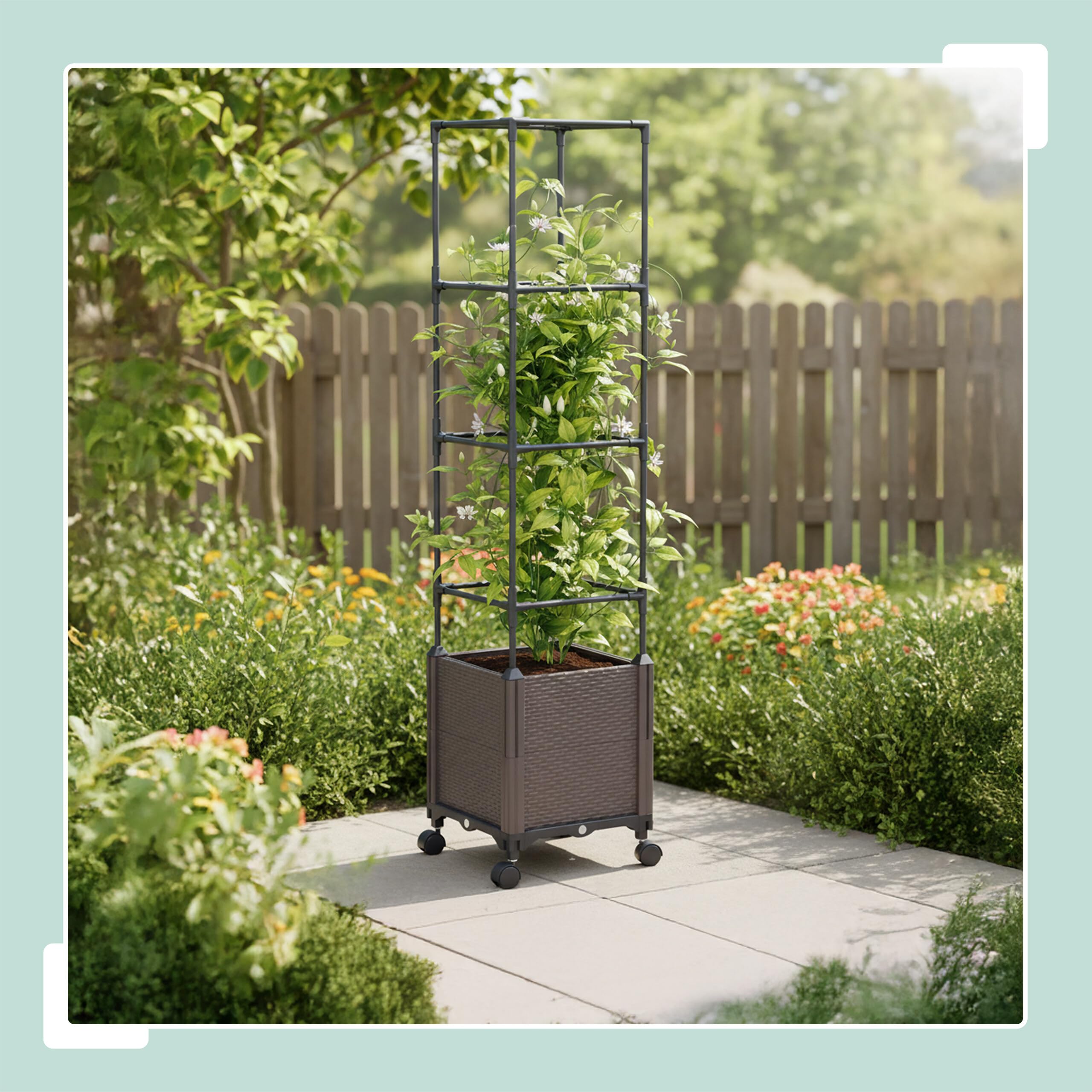 Relaxdays Fioriera con griglia rampicante, Ruote, HxLxP: 135x30x30 cm, plastica, Acciaio, Giardino