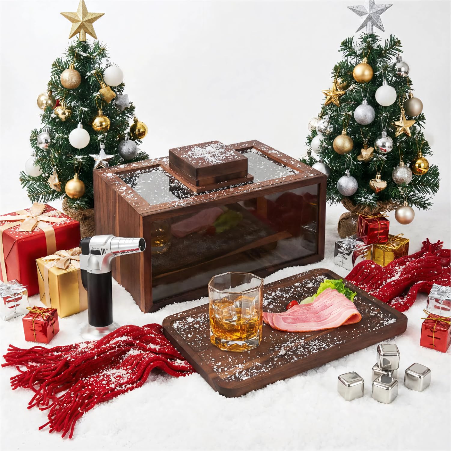 Intoo Lifes Cocktail Smoker Kit - Whiskey Smoker Kit with Smoking Gun：Black Walnut Cocktail Smoke Box, Food Tray and Wood Chips，Bourbon Old Fashioned Smoker Kit Gifts for Men，Dad（No Butane）
