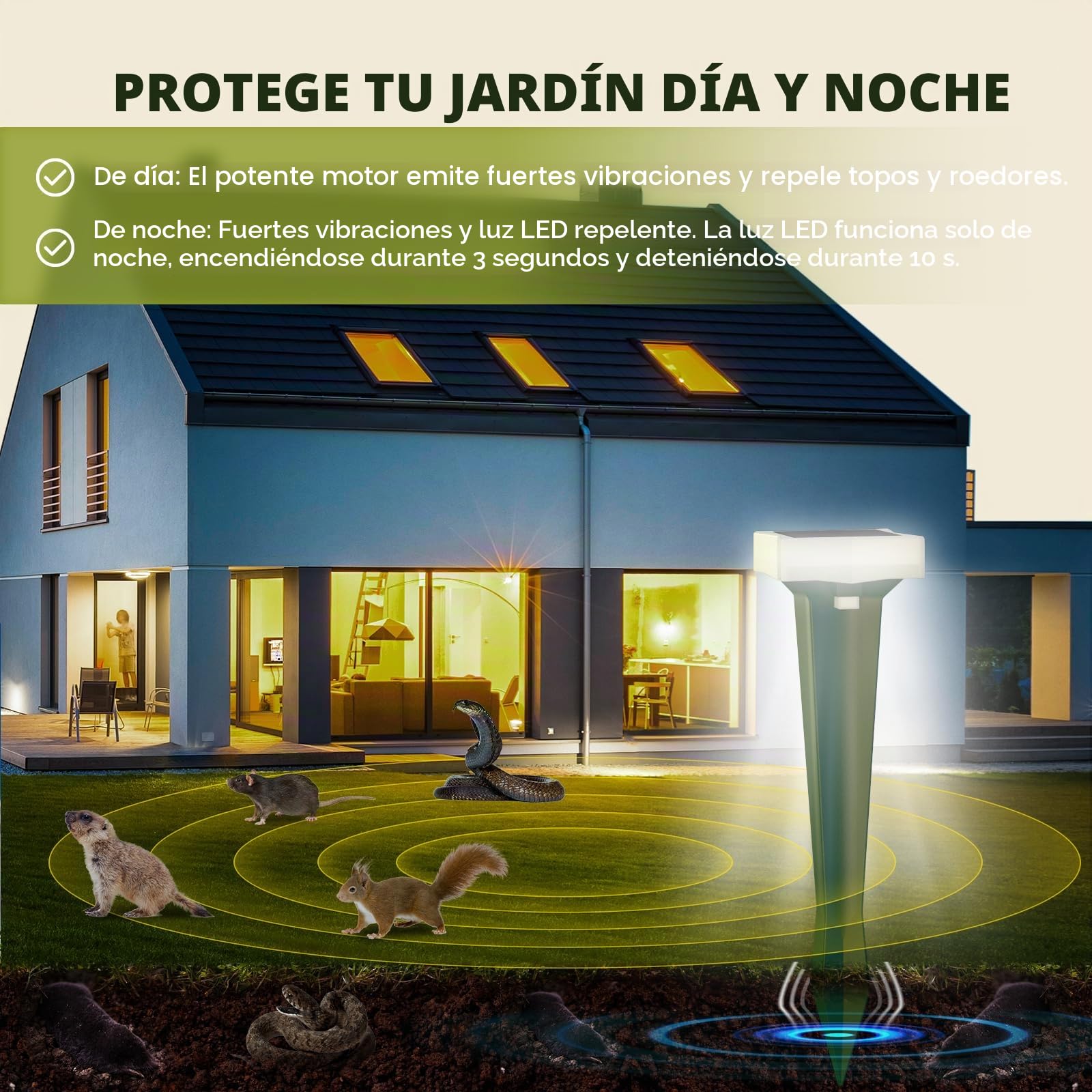 Ahuyentador de Topos, 3 Modos de Vibración Ahuyentador de Ratas con Luz LED, Solar y Impermeable Ultrasónico de Plagas, Topos y Serpientes, per Césped, Patio y Jardín (4, Verde)