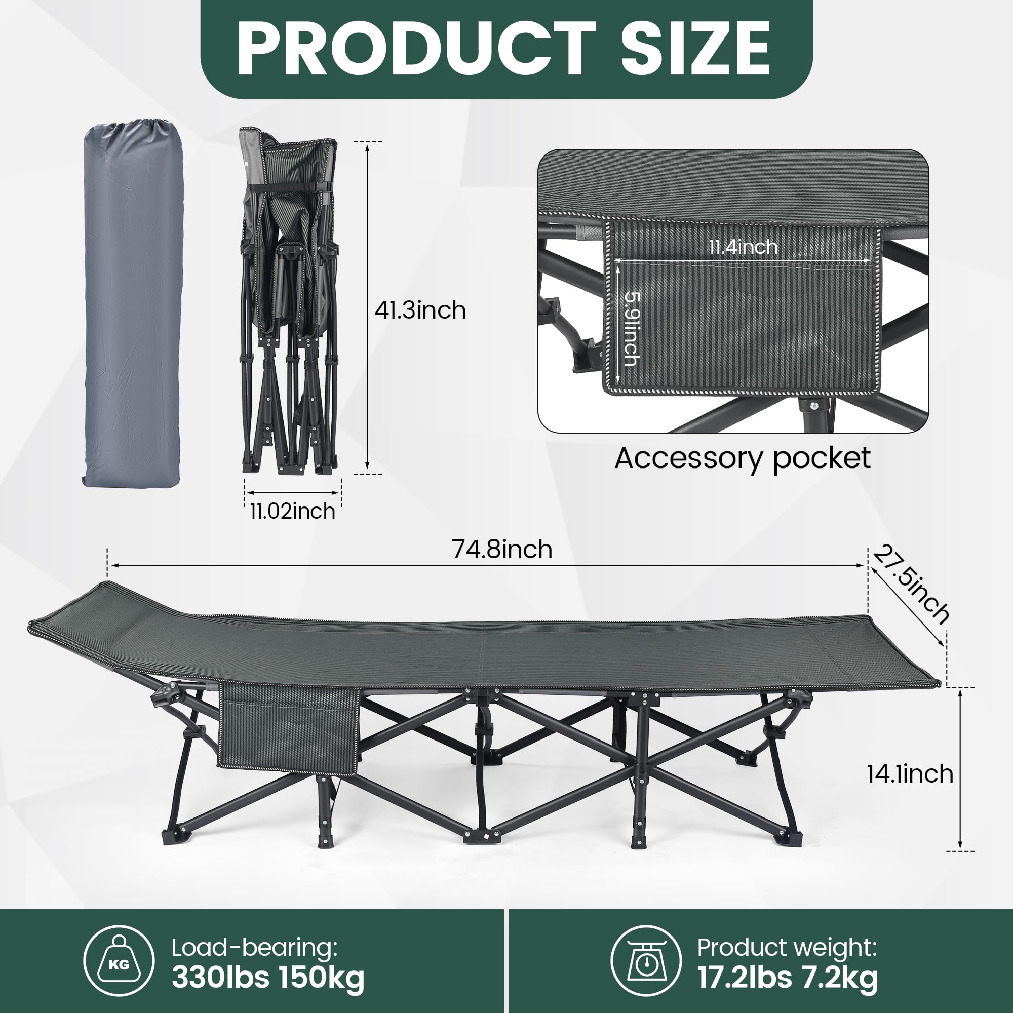 WUROMISE Oversized XXL Folding Camping Cot W/Mattress, 75