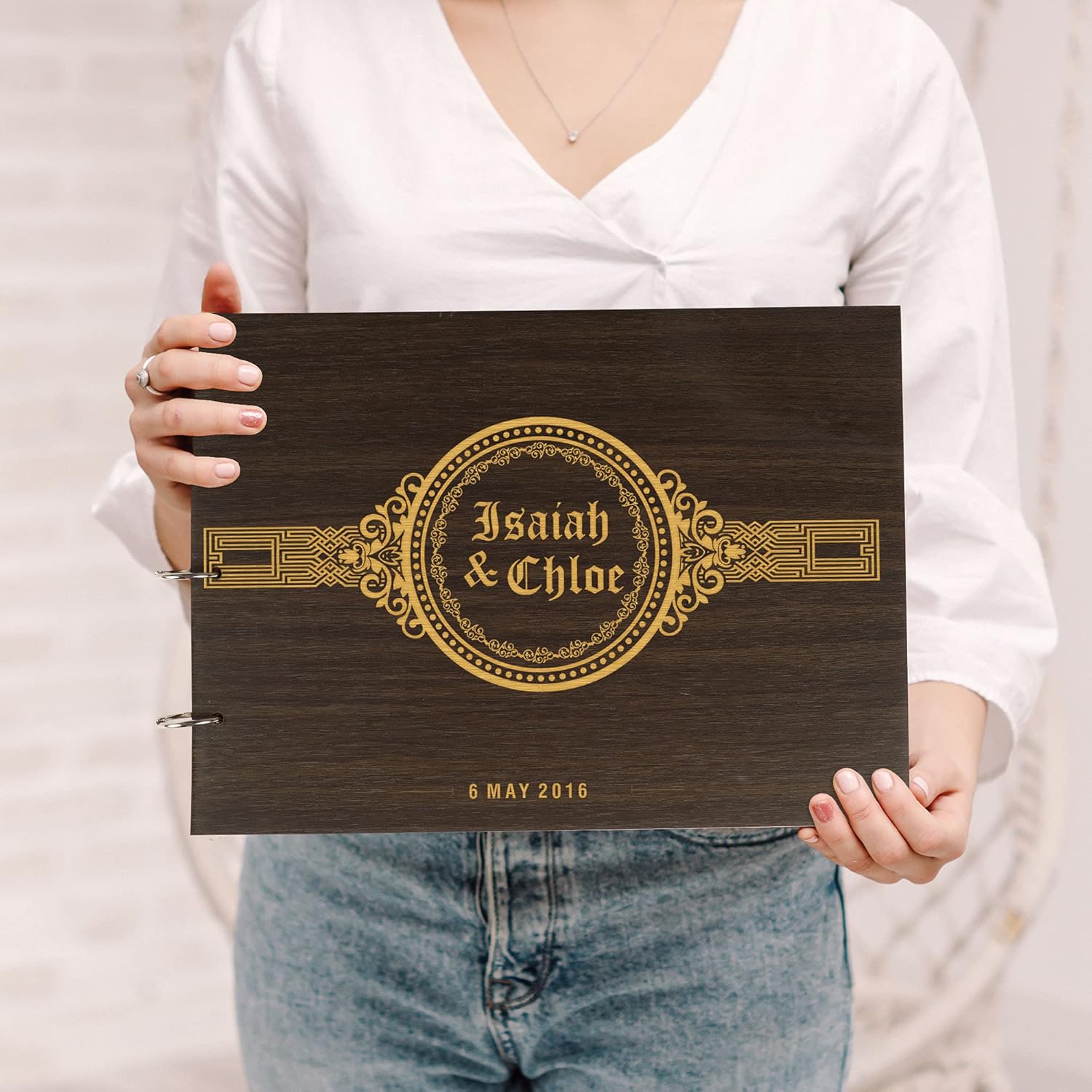 Darling Souvenir Personalized Engraved Laser Cut Wedding Guest Book Wooden Cover Sign-in Book Registry Guestbook Scrapbook-2H