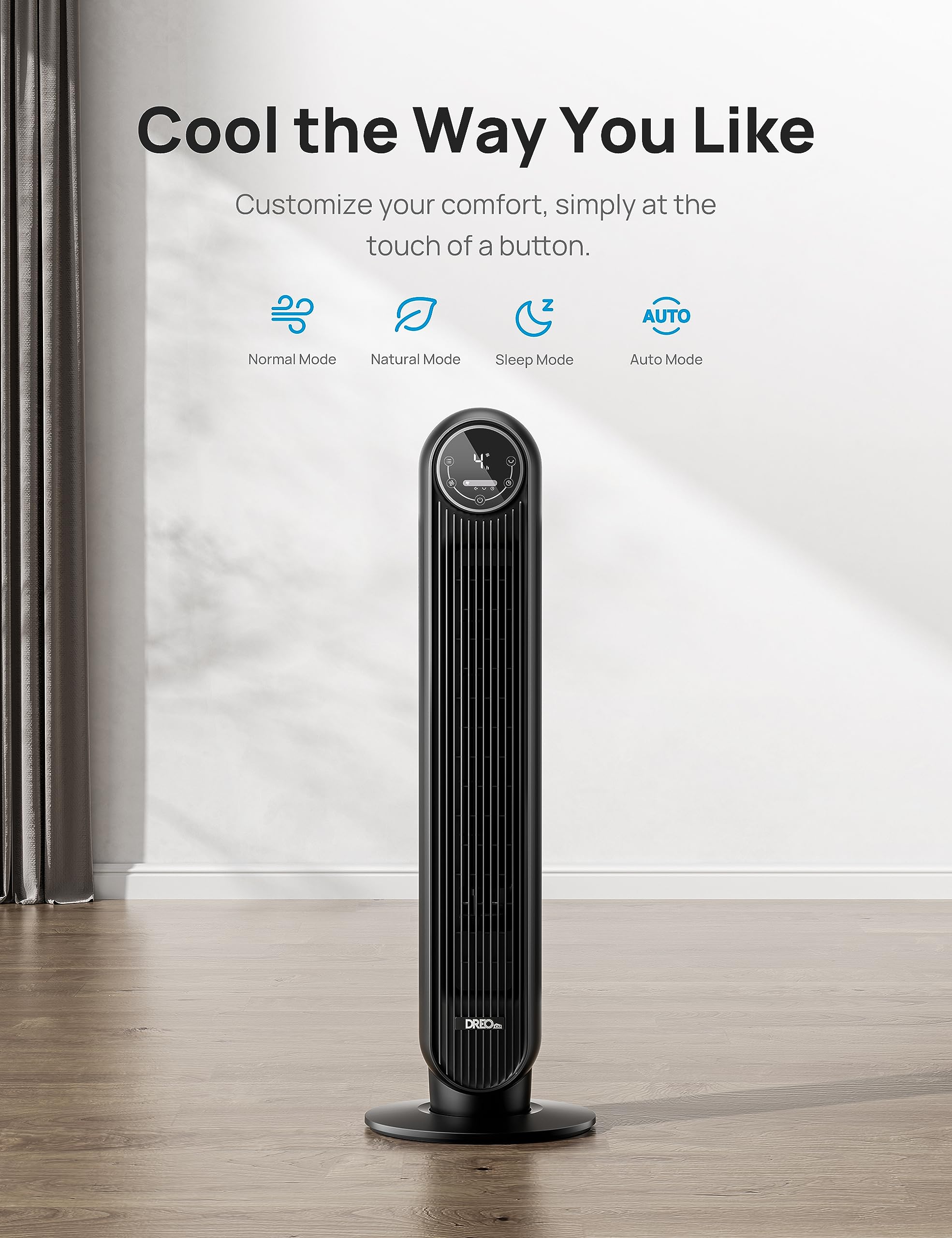 Dreo 20dB Ventilatore a Torre 92 cm, Ventilatore a Colonna Silenzioso per la Camera da Letto, con Telecomando, Potente 7.6 m/s, 4 Modalità, 4 Velocità, Oscillazione a 90°, Timer da 1 a 8 ore, Display