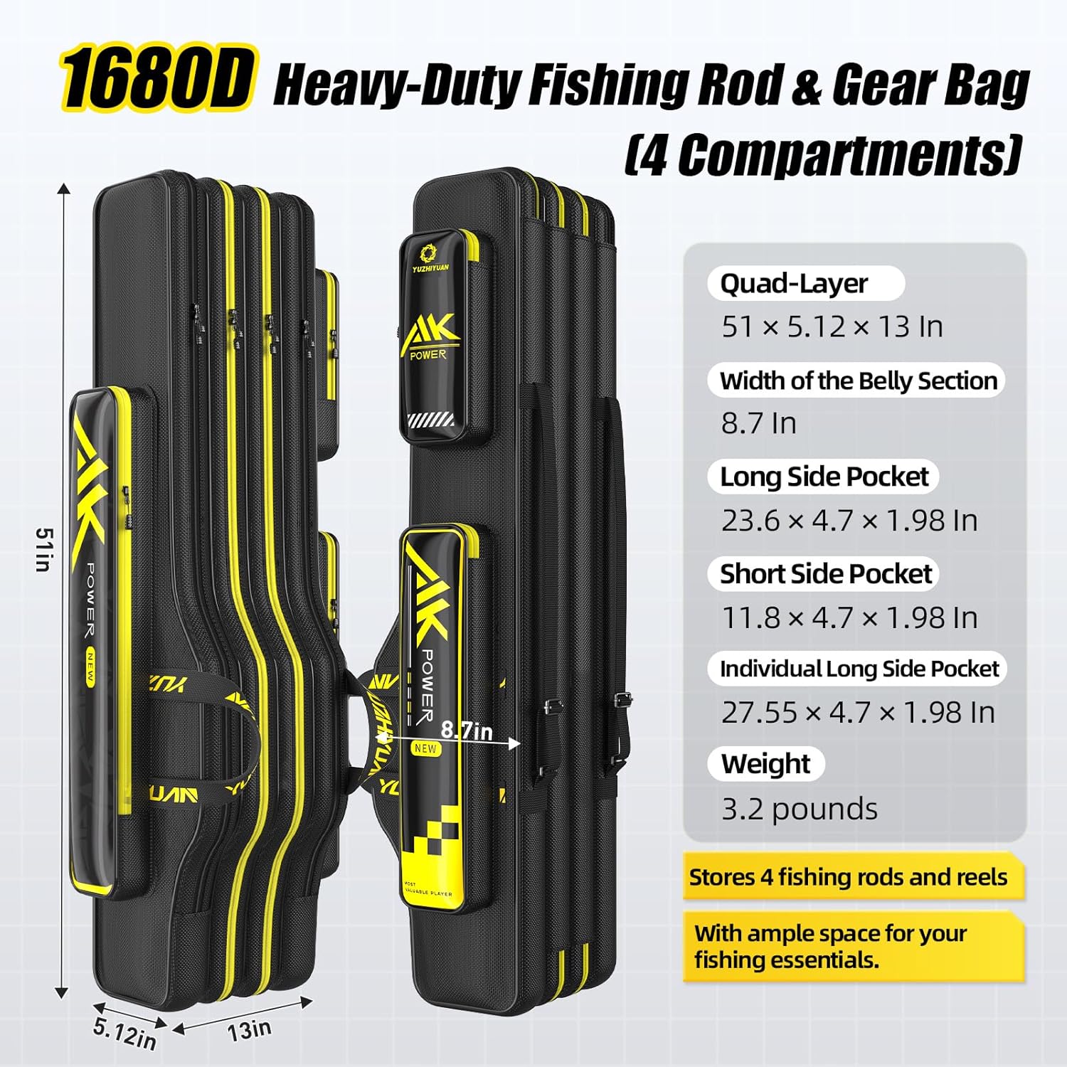 Fishing Rod Case 51in Quad-Layer 1680D Heavyweight Oxford Fishing Pole Case & Bag with Wire Frame Support (Not Hardshell)Quick-Access Compartments Anti-Sag Design Fishing Rod Bag Fishing Gift for Men
