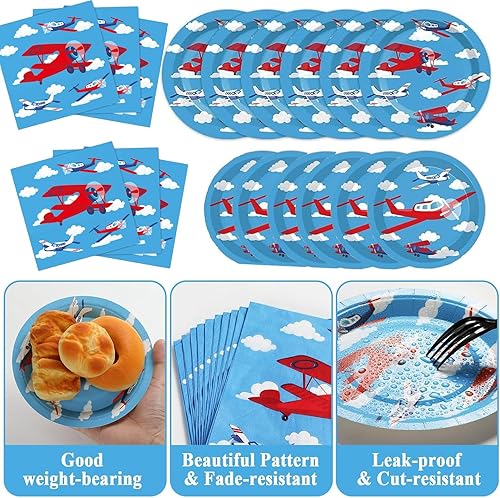 Miniatura 4 de Suministros para fiesta de cumpleaños de avión, decoración de fiesta temática de avión, incluye platos de papel, servilletas, vajilla para 16