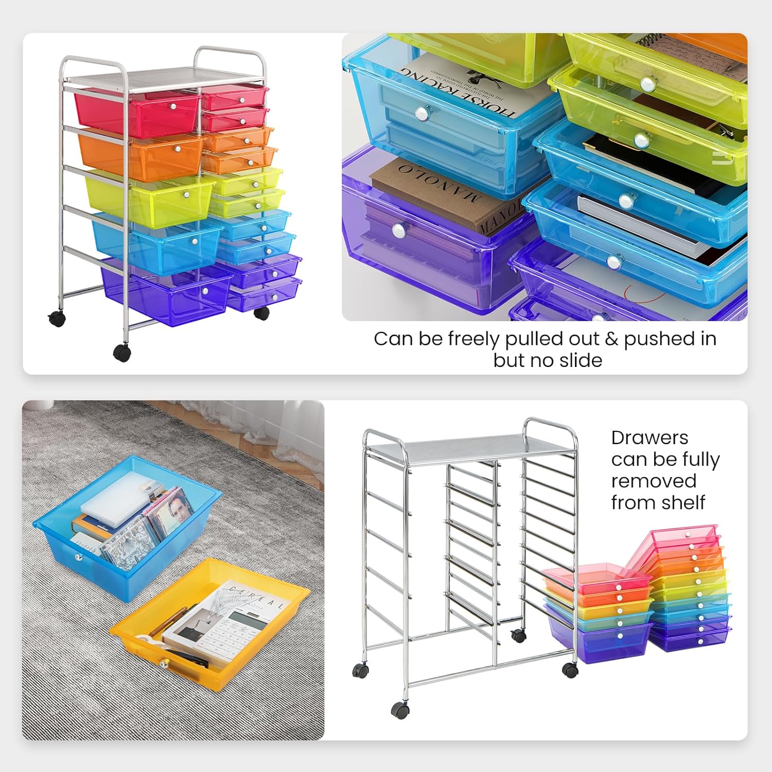 Giantex 15 Drawer Rolling Cart with Drawers, Storage Organizer Cart for Classroom Office School Teacher, Mobile Drawer Cart for Tools, Crafts, Small Printer, Paper (Clear Red+Orange+Green+Blue+Purple)