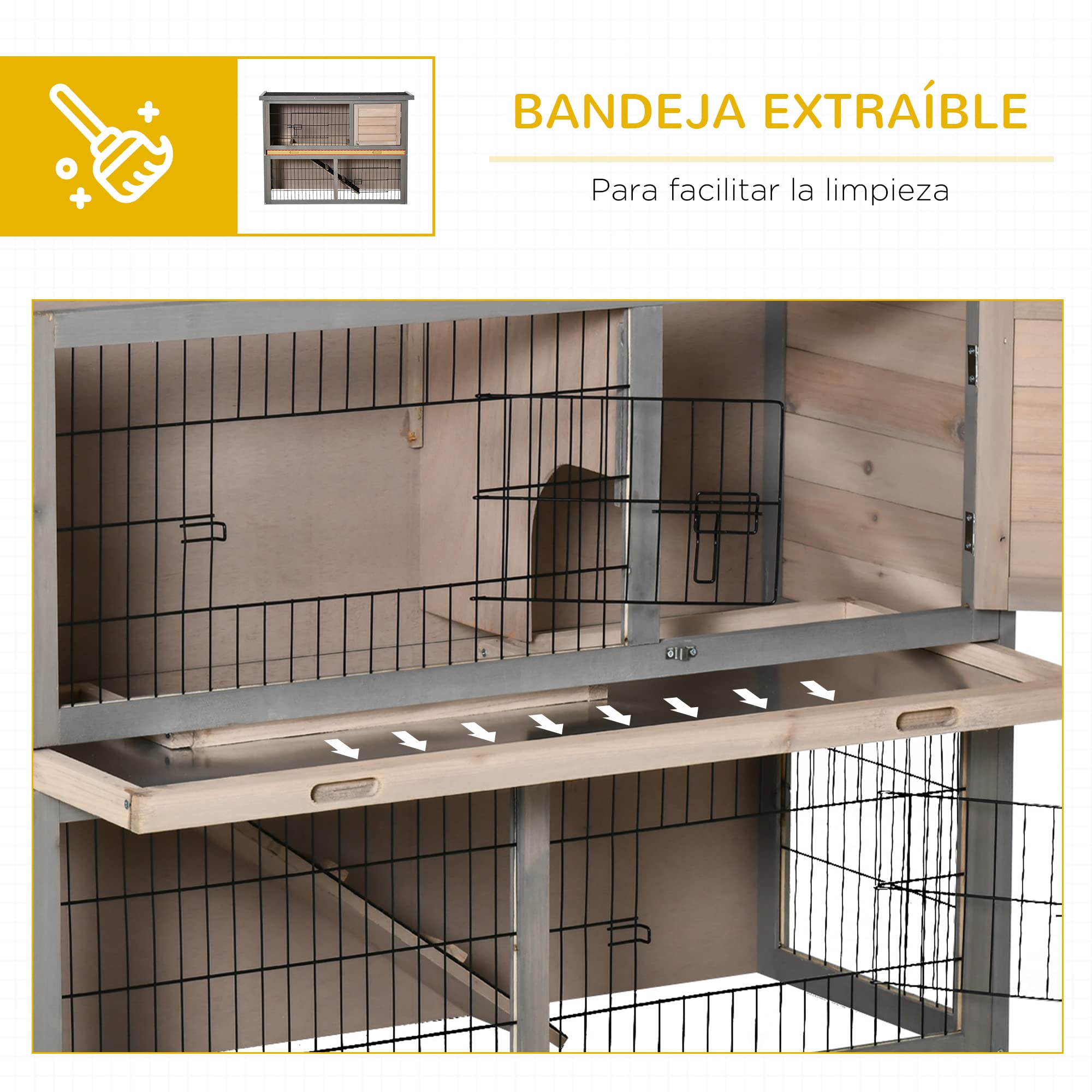 PawHut Conejera de Madera Exterior 108x45x78 cm Jaula para 2 Conejos con Corral Metálico 2 Puertas con Pestillos Techo Asfáltico Abrible Bandeja Extraíble Rampa Gris
