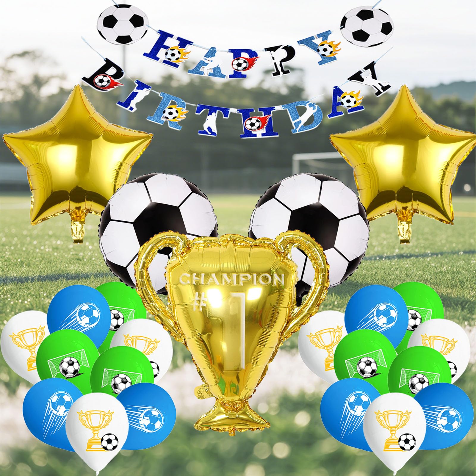 Football Party Decorations 24-Piece Set - Soccer Theme Birthday Supplies with Pre-Punched Banner, 18 Latex Balloons (12in), Champion Balloon (24in) - Blue Green Team Color Decor